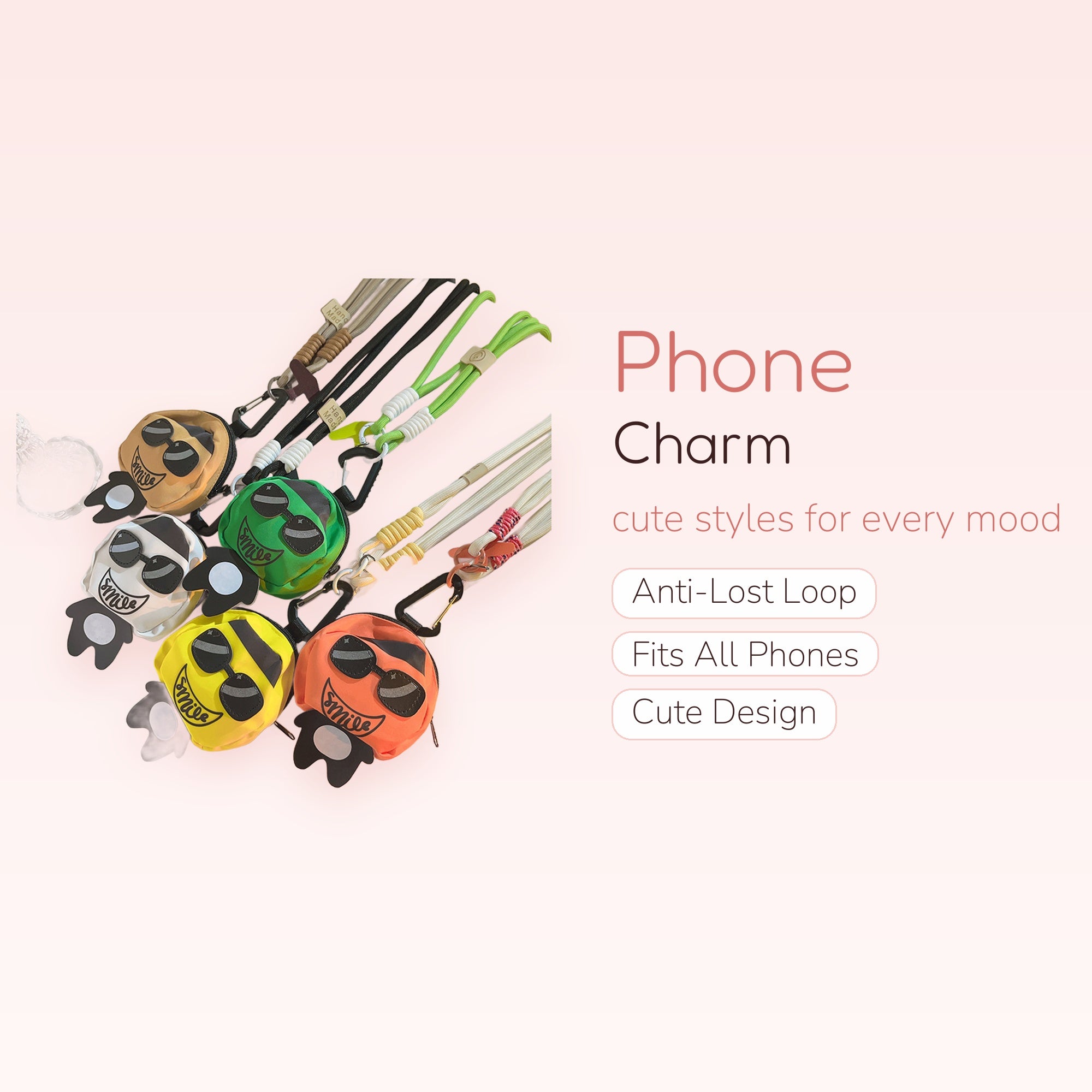 Cute Cartoon Face Phone Charm Lanyard | Colorful Smile Face Wrist Strap