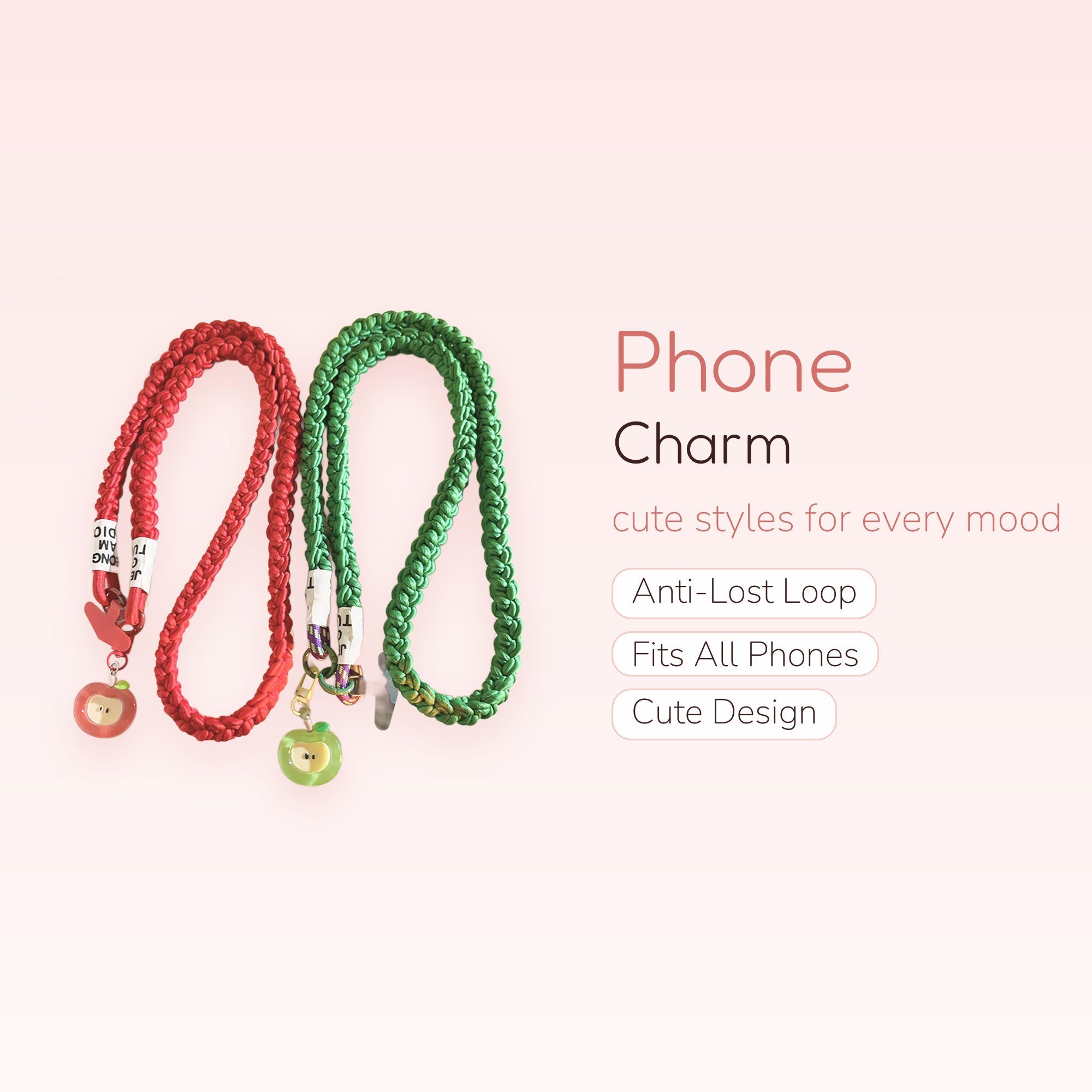 Braided Apple Phone Charm Lanyard | Cute Red & Green Fruit Wrist Strap