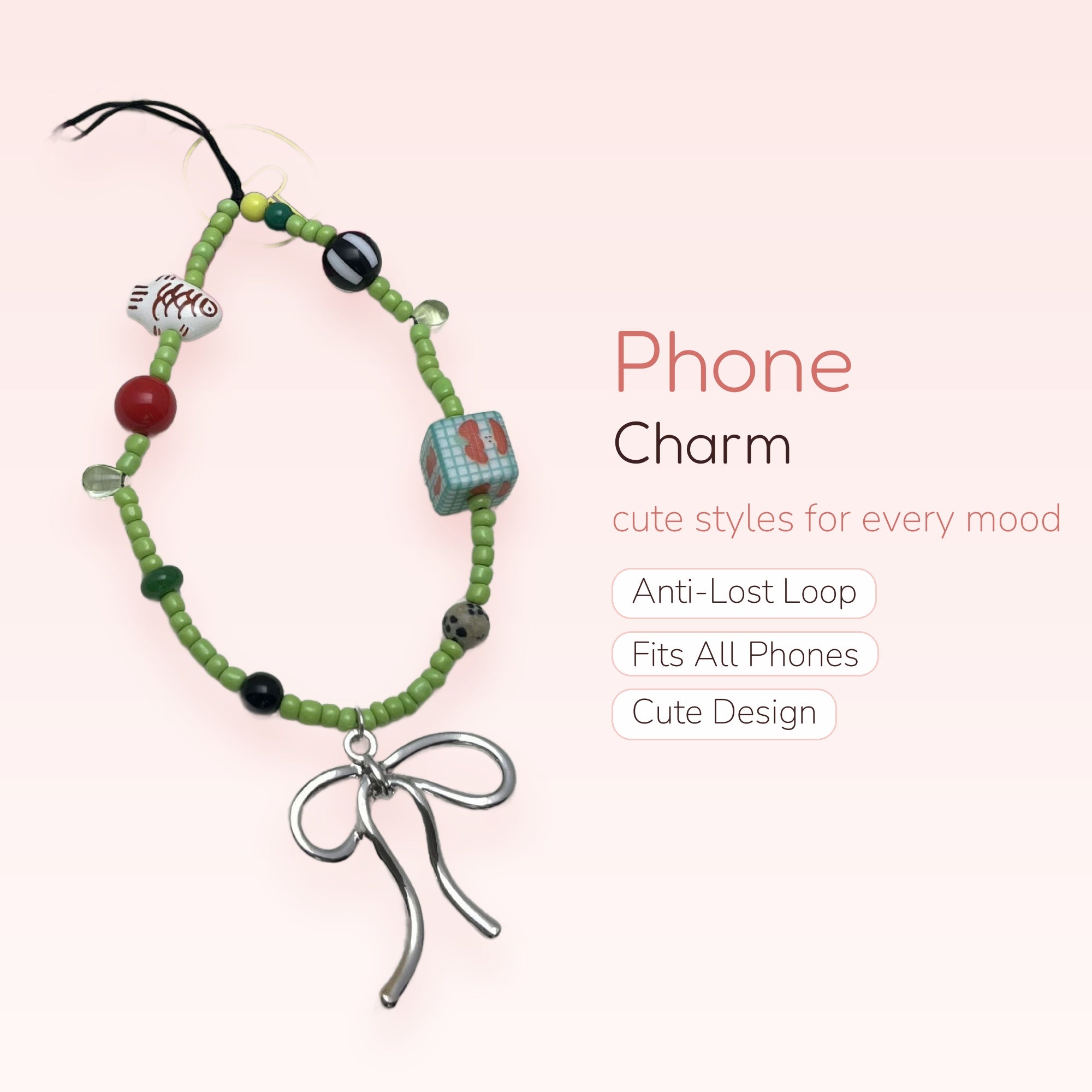 Aesthetic Green Beaded Phone Charm | Cute Bow Fish Cube Wrist Strap