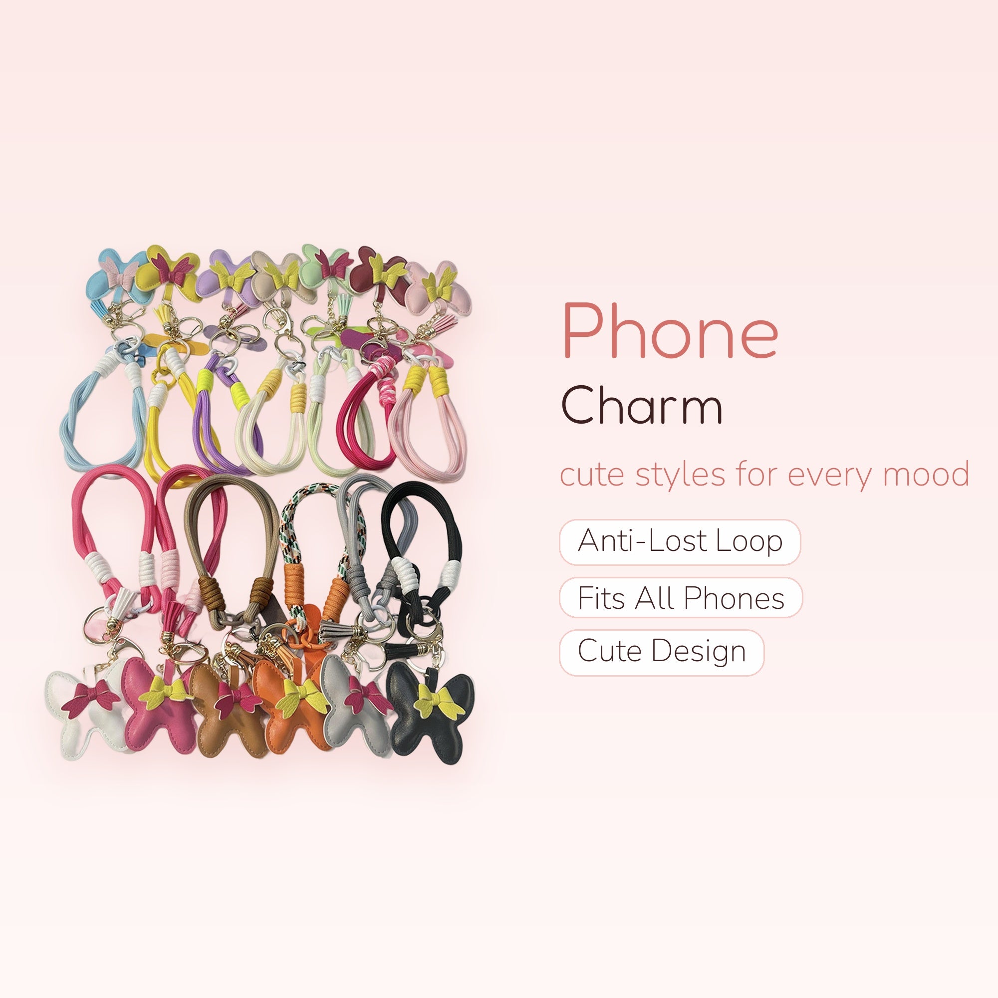 Cute Butterfly Leather Phone Charm | Colorful Braided Wrist Strap Keychain