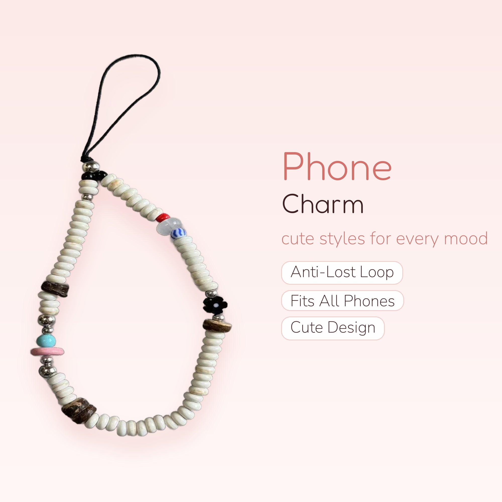 Y2K White Beaded Phone Charm | Aesthetic Colorful Beaded Phone Strap