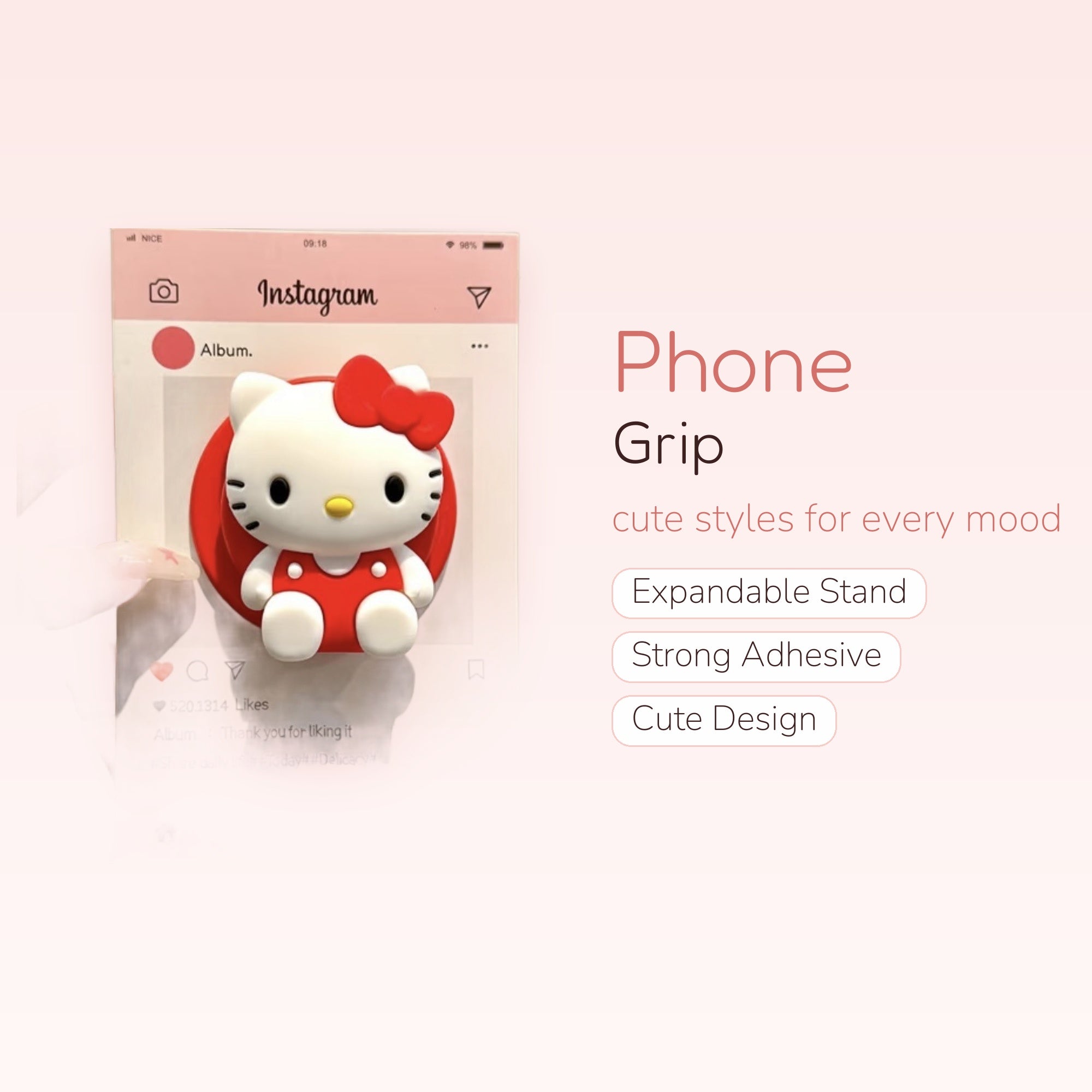 Kawaii Hello Kitty Instagram Phone Grip | Cute Red Bow Pop Socket Stand