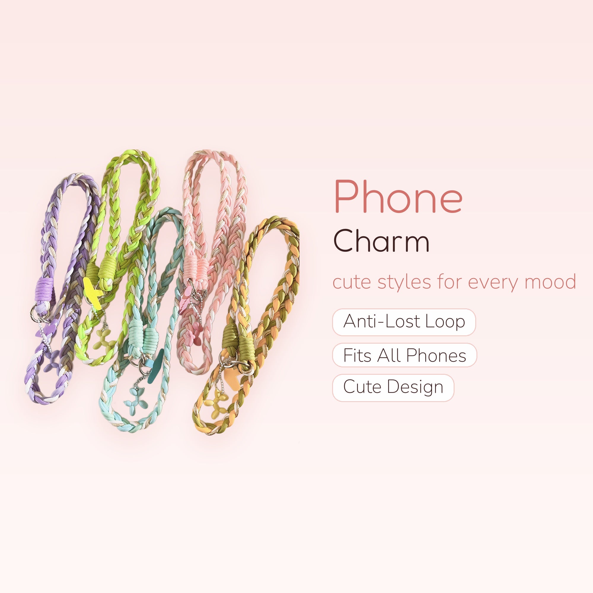 Braided Lanyard Phone Charm Strap with Balloon Dog & Butterfly Charms | Pastel Aesthetic