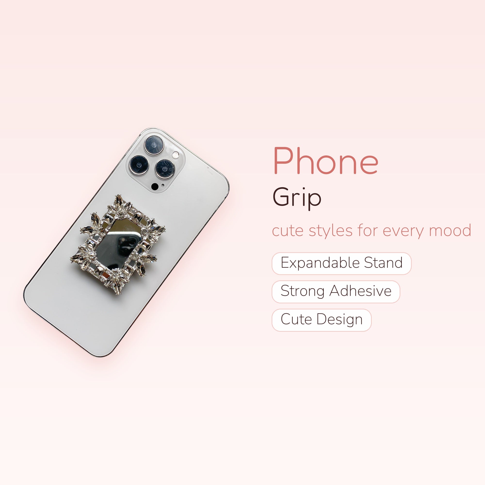Rhinestone Mirror Phone Grip | Glamorous Crystal Pop Socket Stand