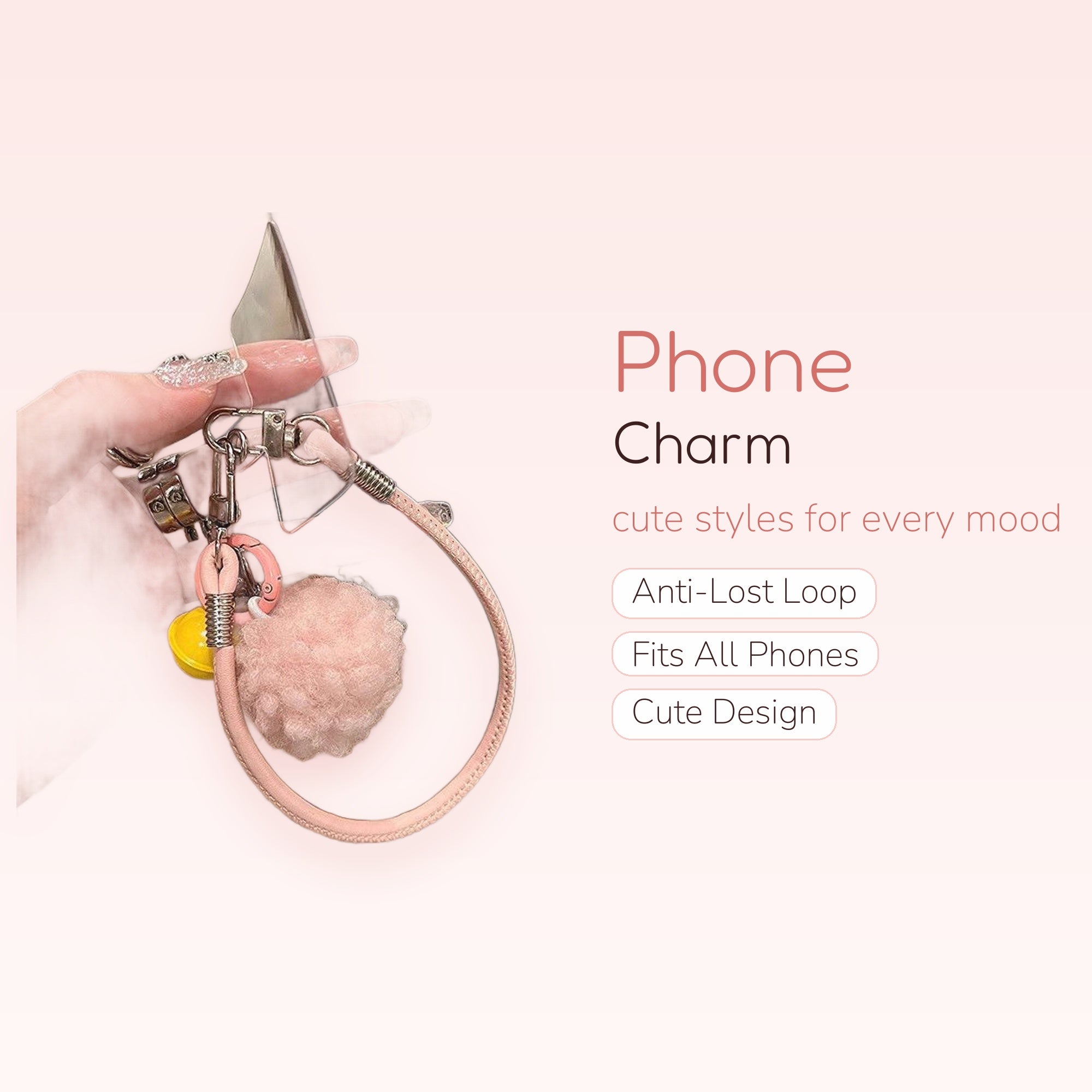 Pink Pompom & Yellow Charm Phone Wrist Strap | Cute Aesthetic Lanyard Keychain