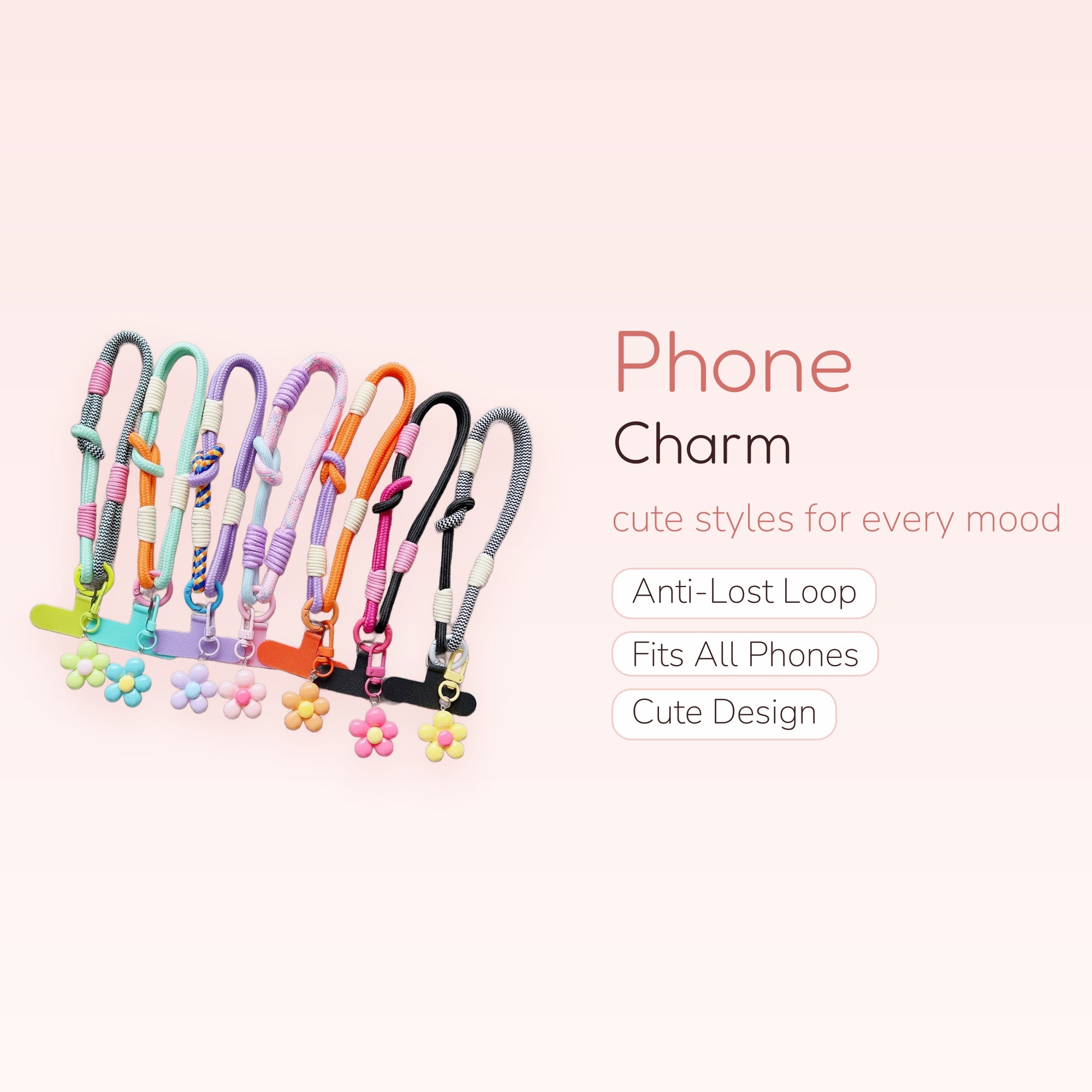 Colorful Braided Rope Phone Charm Lanyard | Pastel Daisy Flower Wrist Strap