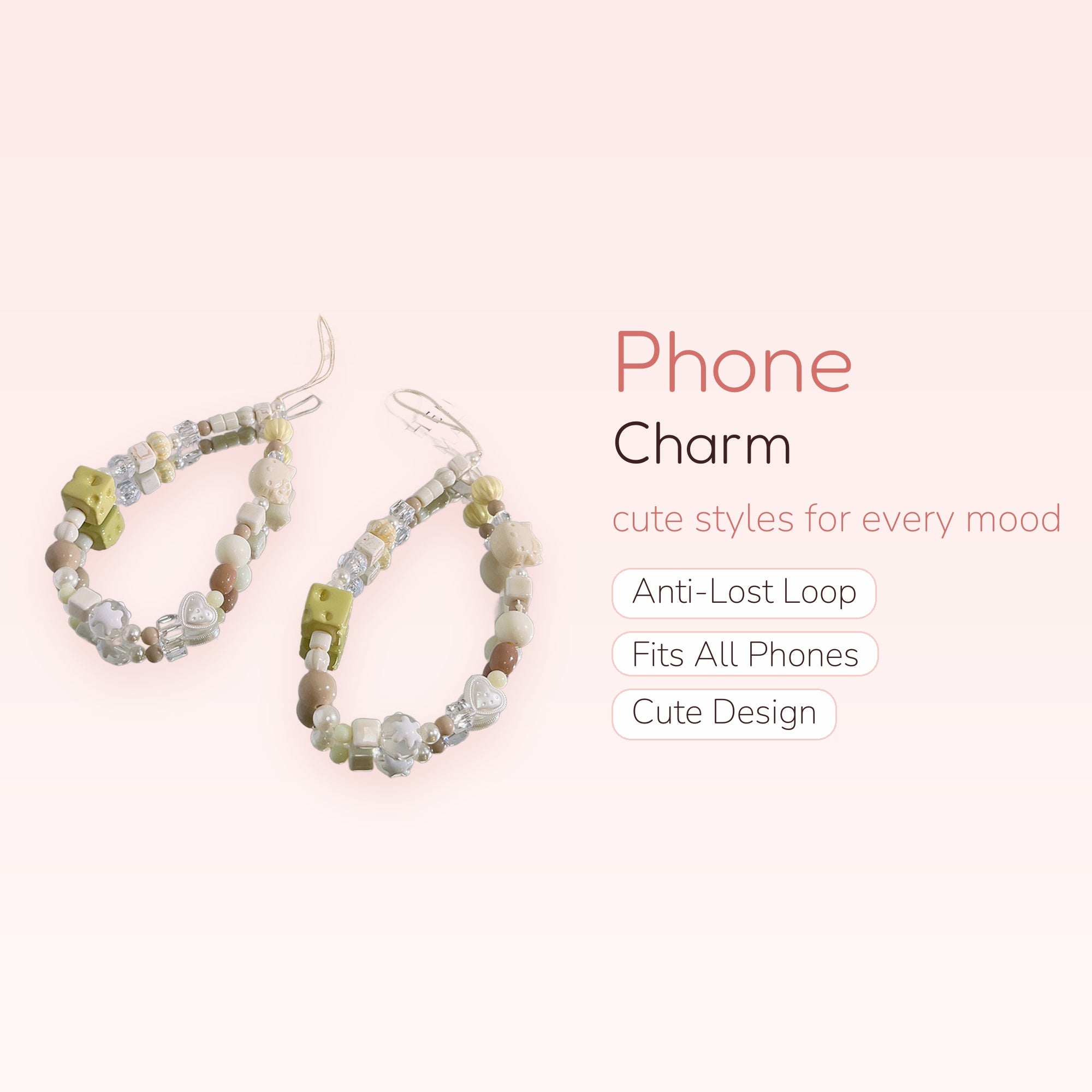 Kawaii Cheese & Kitty Beaded Phone Charm Strap | Pastel Aesthetic Wrist Lanyard