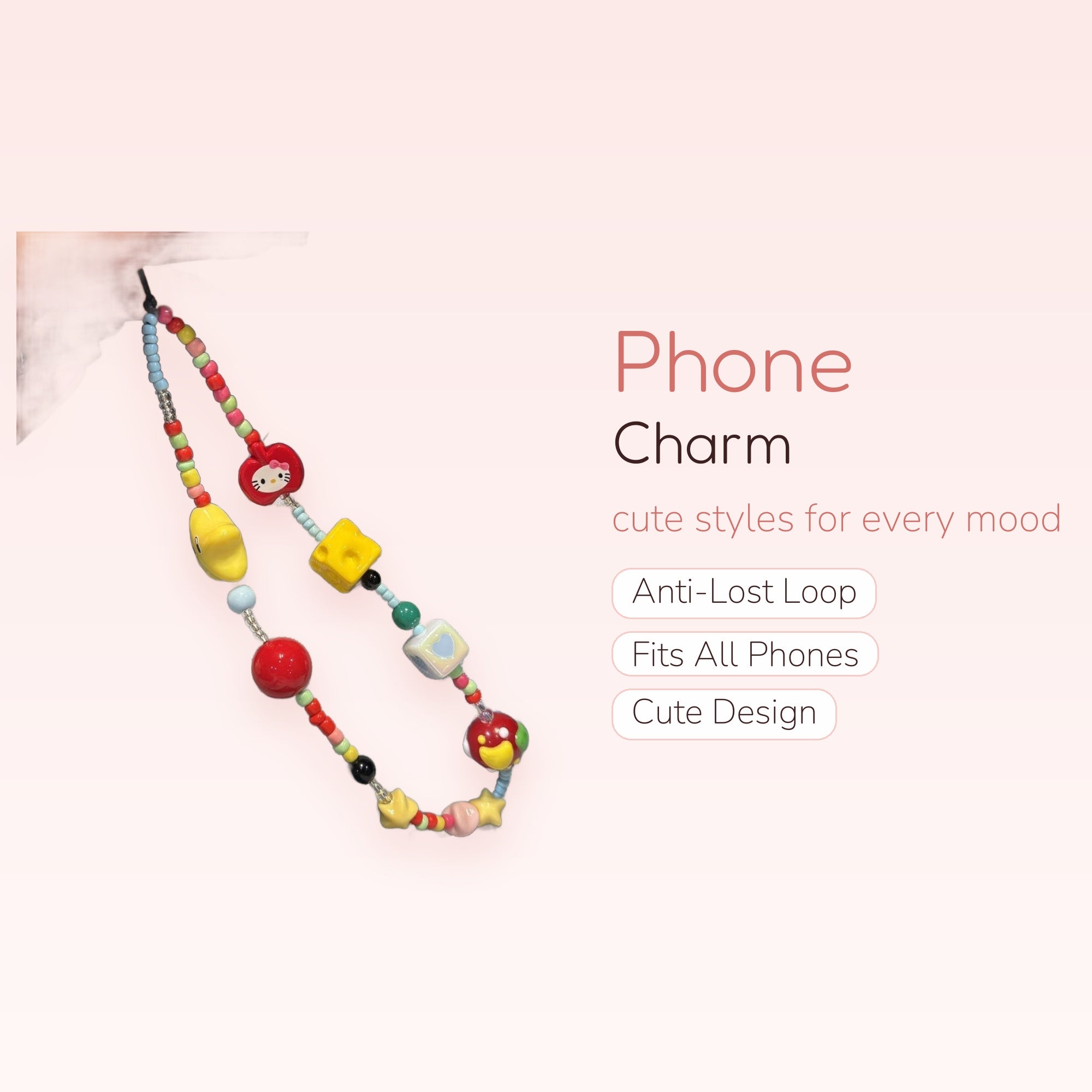 Kawaii Beaded Hello Kitty & Fruit Phone Charm | Y2K Aesthetic Wrist Strap