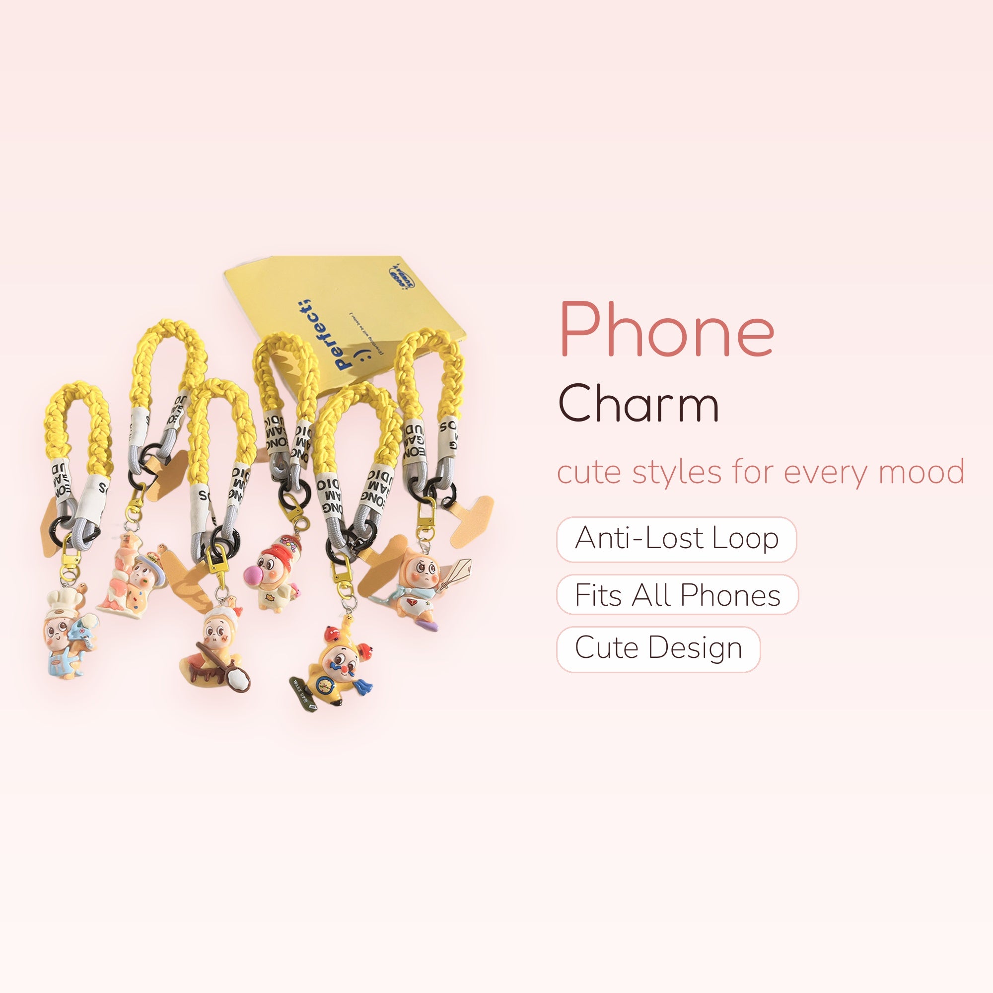 Cute Braided Yellow Rope Phone Charm | Kawaii Cartoon Character Wrist Lanyard