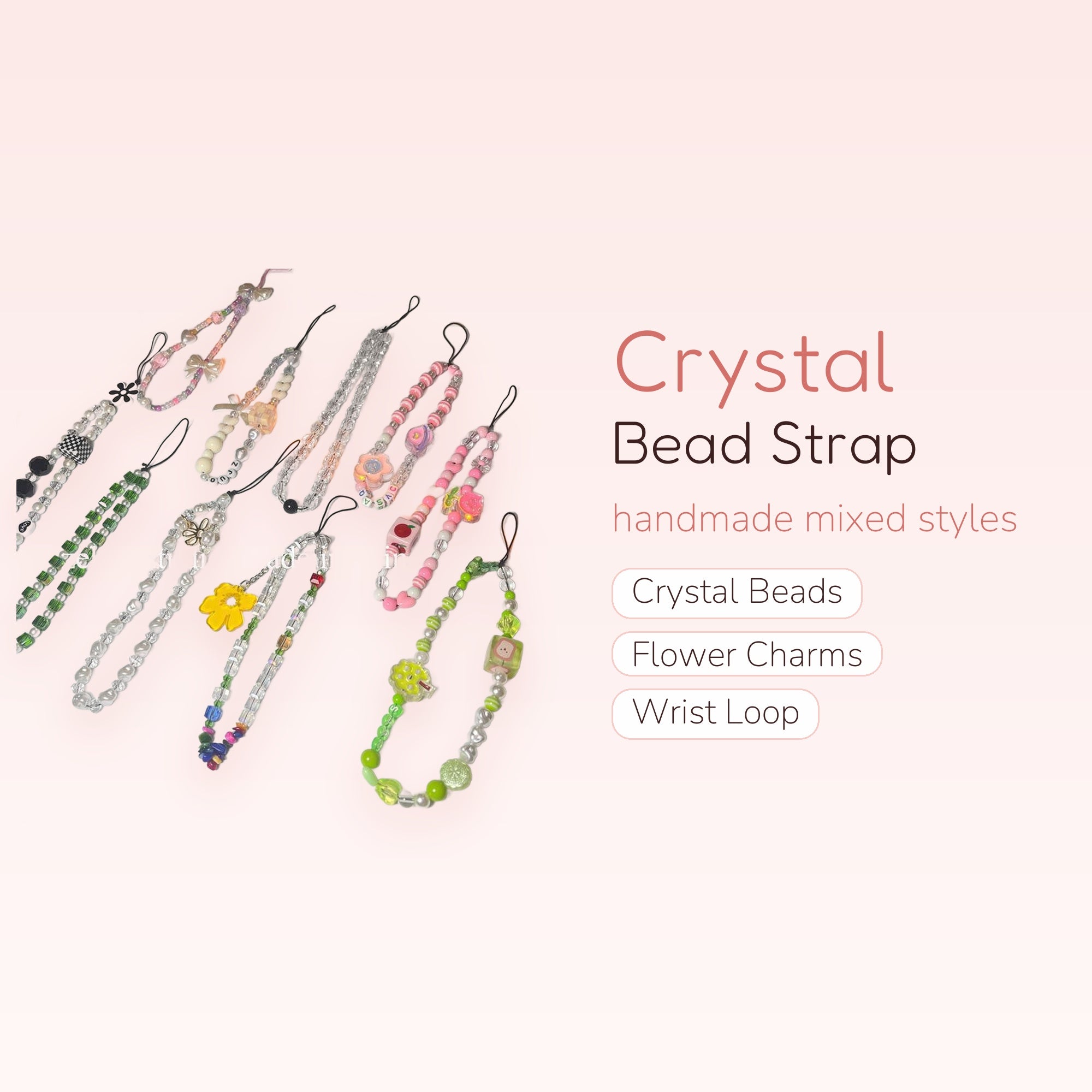 Handmade Crystal Bead Phone Charm Strap | Floral Wrist Lanyard