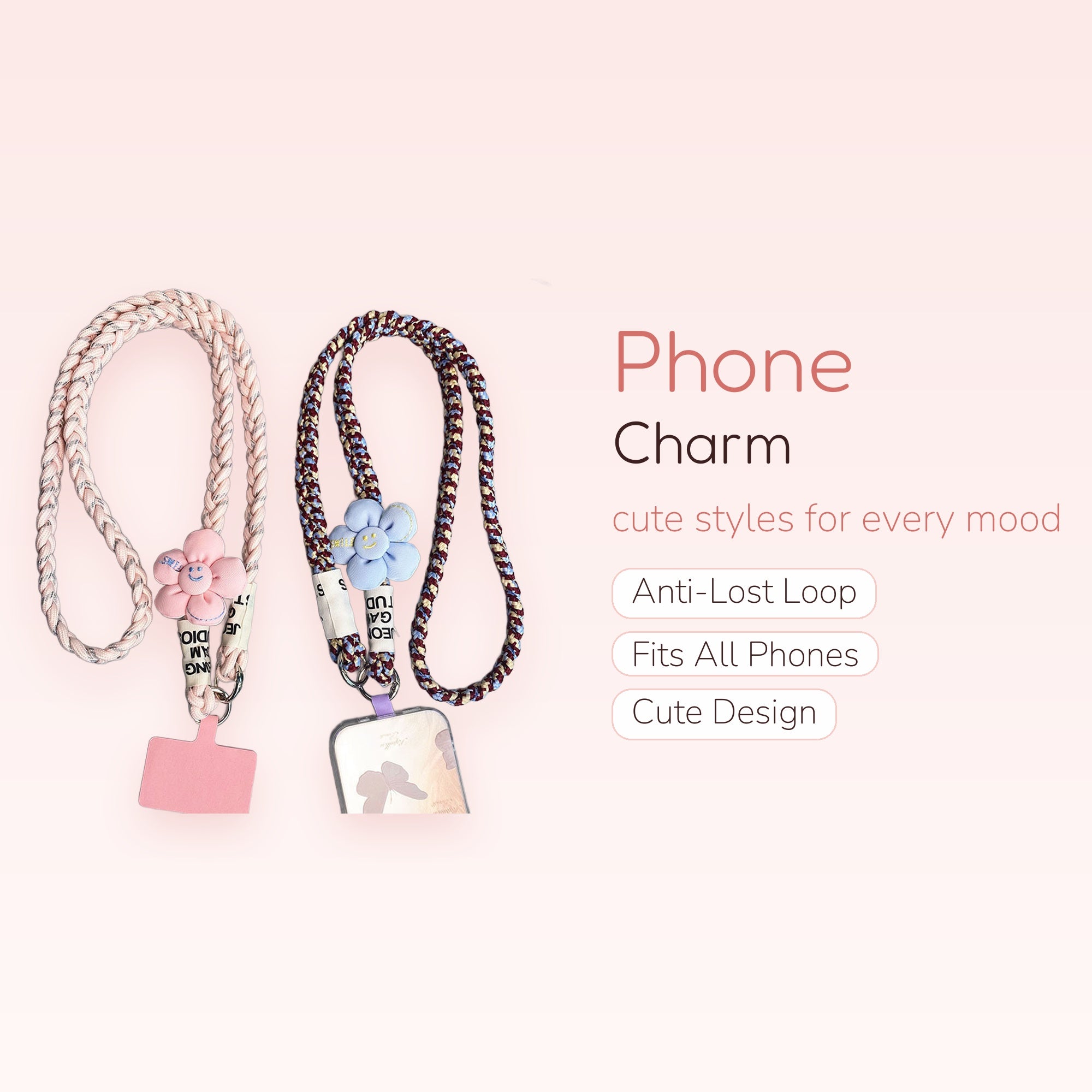 SIMPLYBUBBI — Braided Rope Phone Lanyard with Smiley Flower | Crossbody Phone Strap