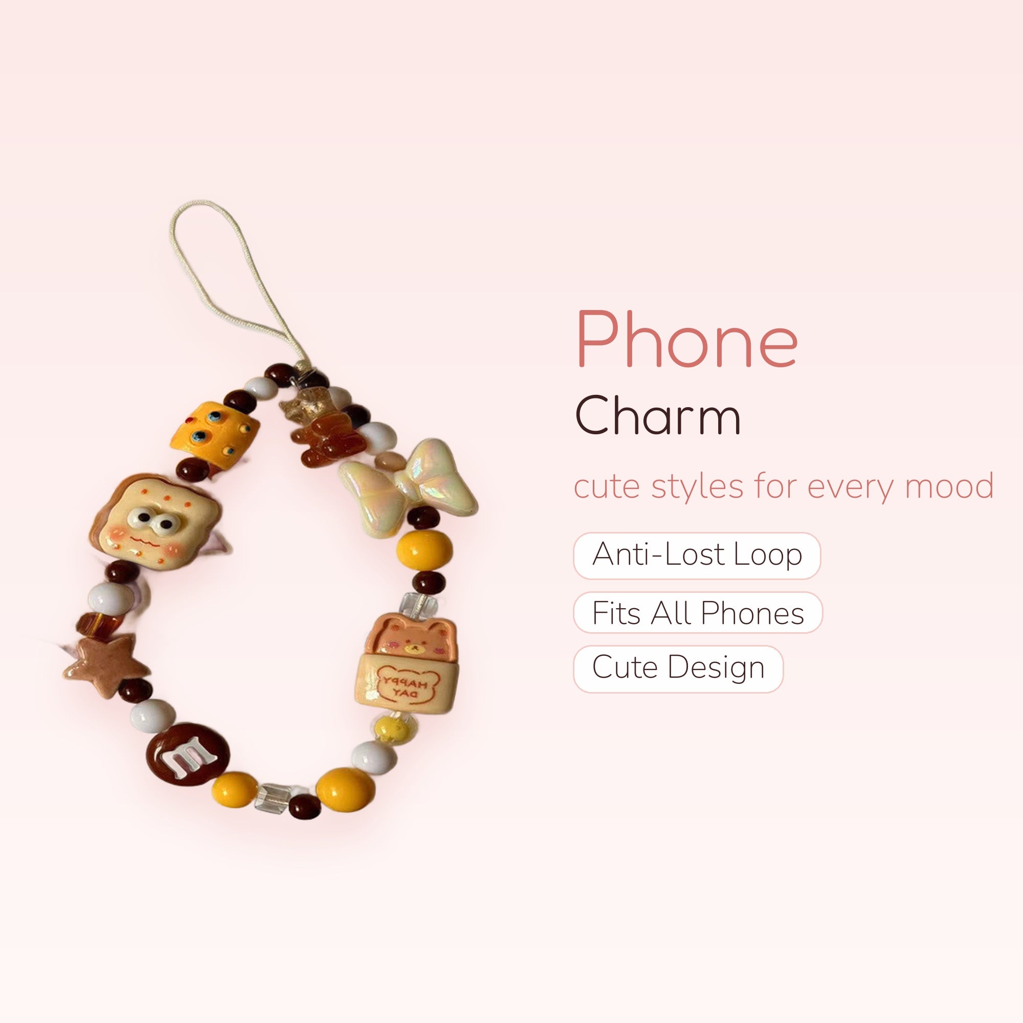 Cute Foodie & Bear Beaded Phone Charm | Kawaii Bread & Cheese Wrist Strap