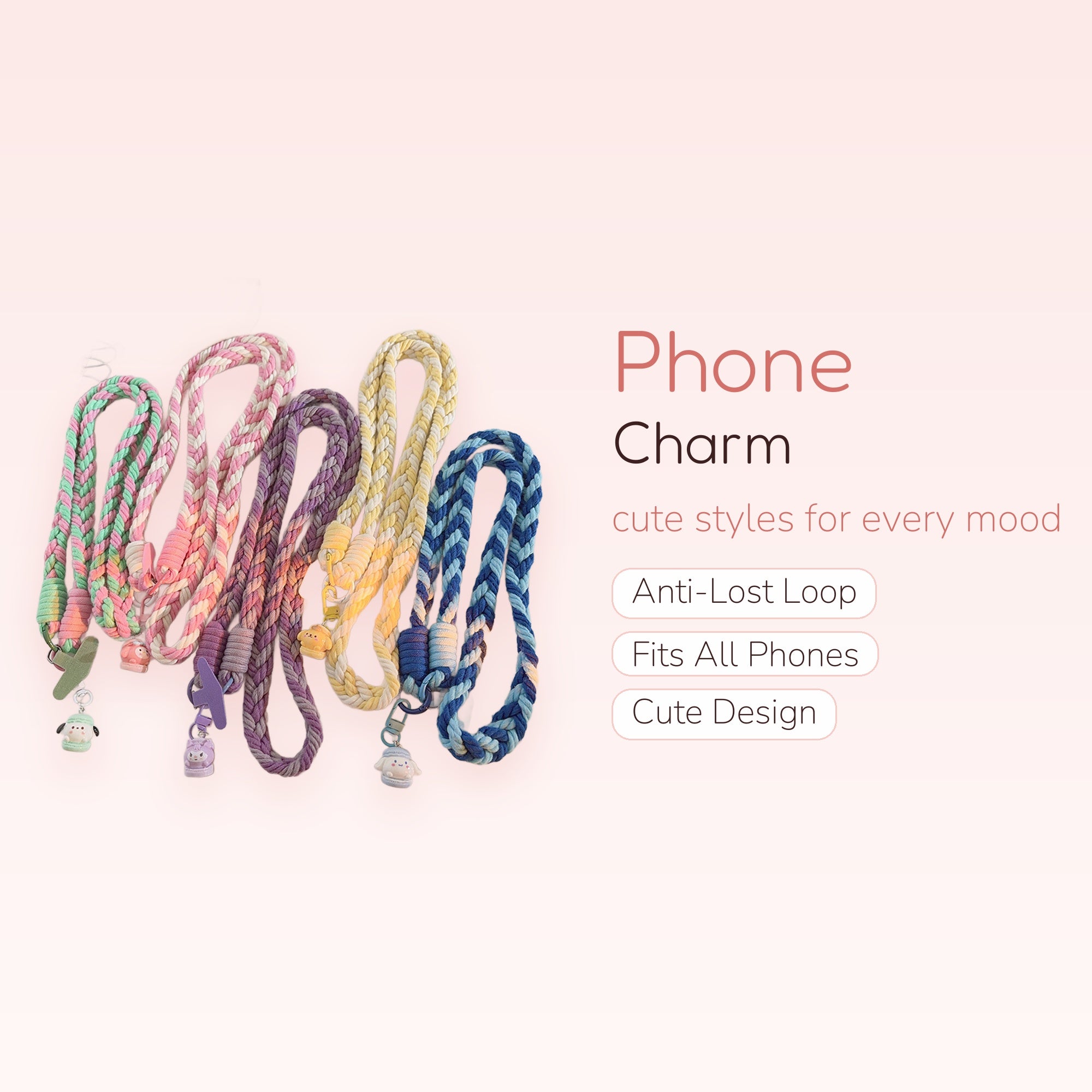 Braided Rope Phone Charm Lanyard | Kawaii Animal Character Strap
