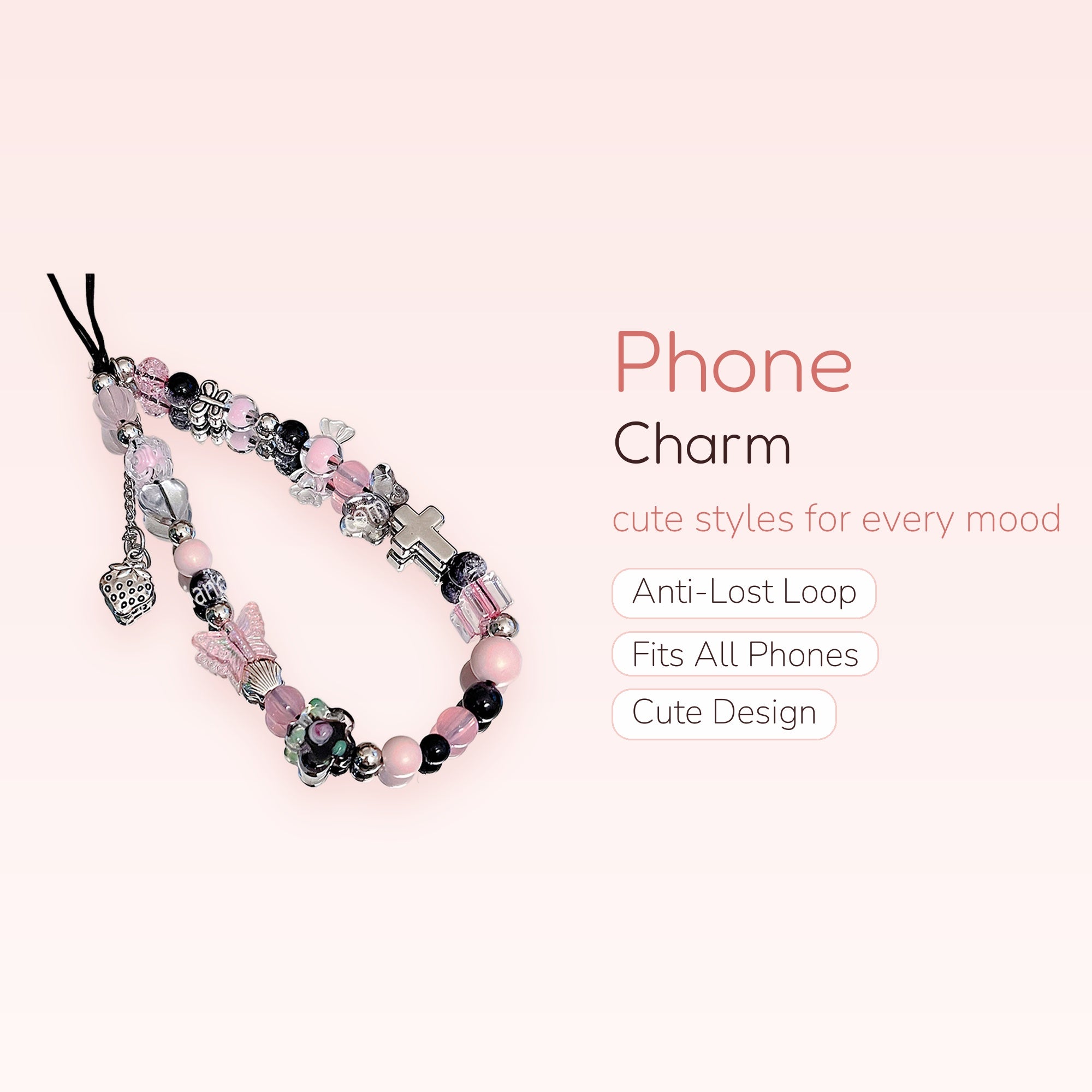 Pink & Black Beaded Phone Charm | Y2K Aesthetic Cross & Butterfly Wrist Strap