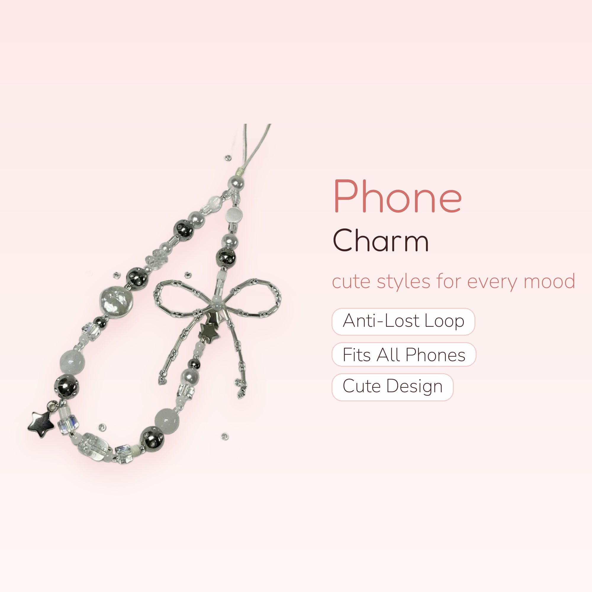 Aesthetic Silver & White Beaded Phone Charm | Star & Bow Wrist Strap
