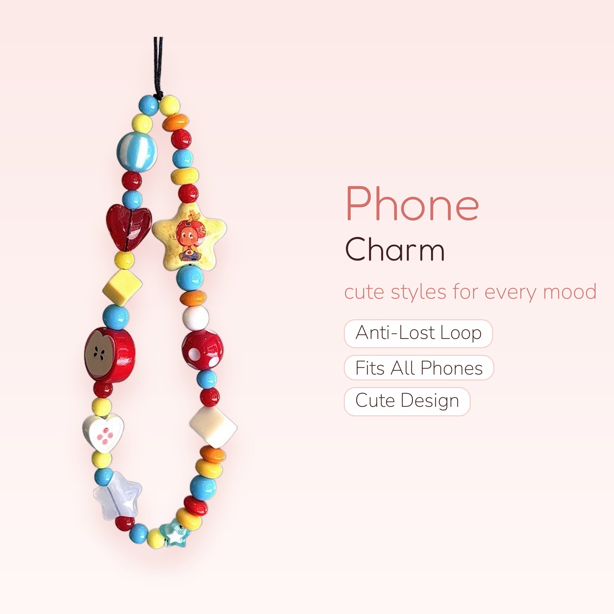Colorful Beaded Phone Charm Strap | Cute Fruit & Star Y2K Wrist Lanyard