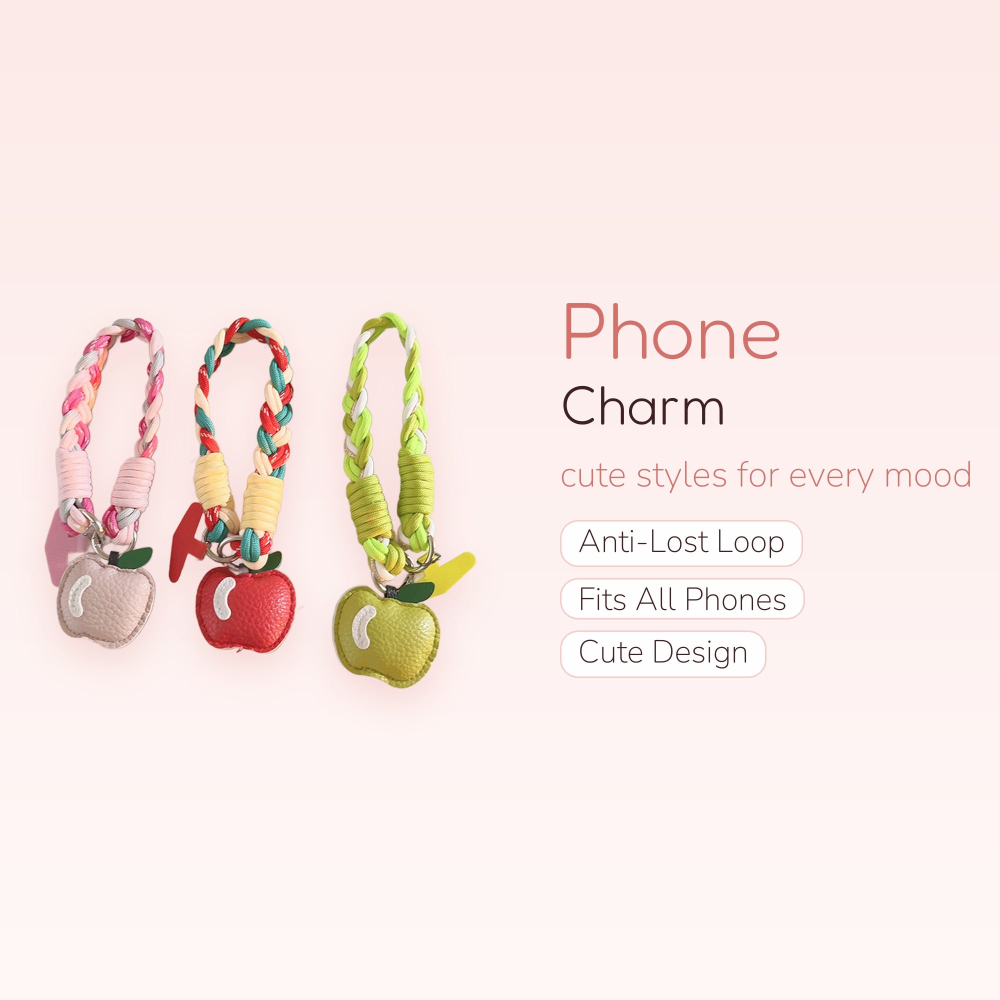 Braided Rope Apple Phone Charm Strap | Cute Fruit Wrist Lanyard