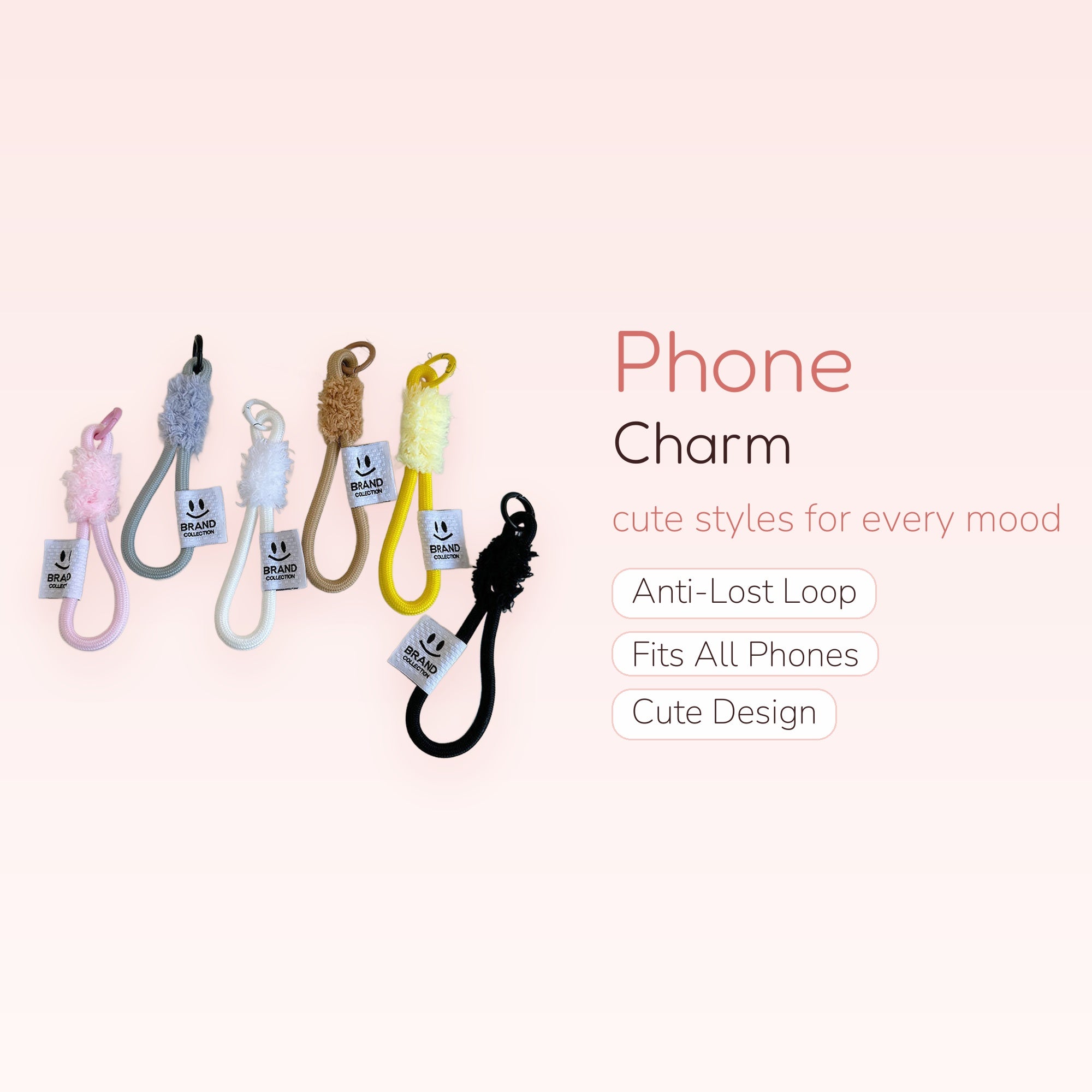 Cute Fluffy Cord Phone Charm Strap | Aesthetic Smiley Face Wrist Lanyard