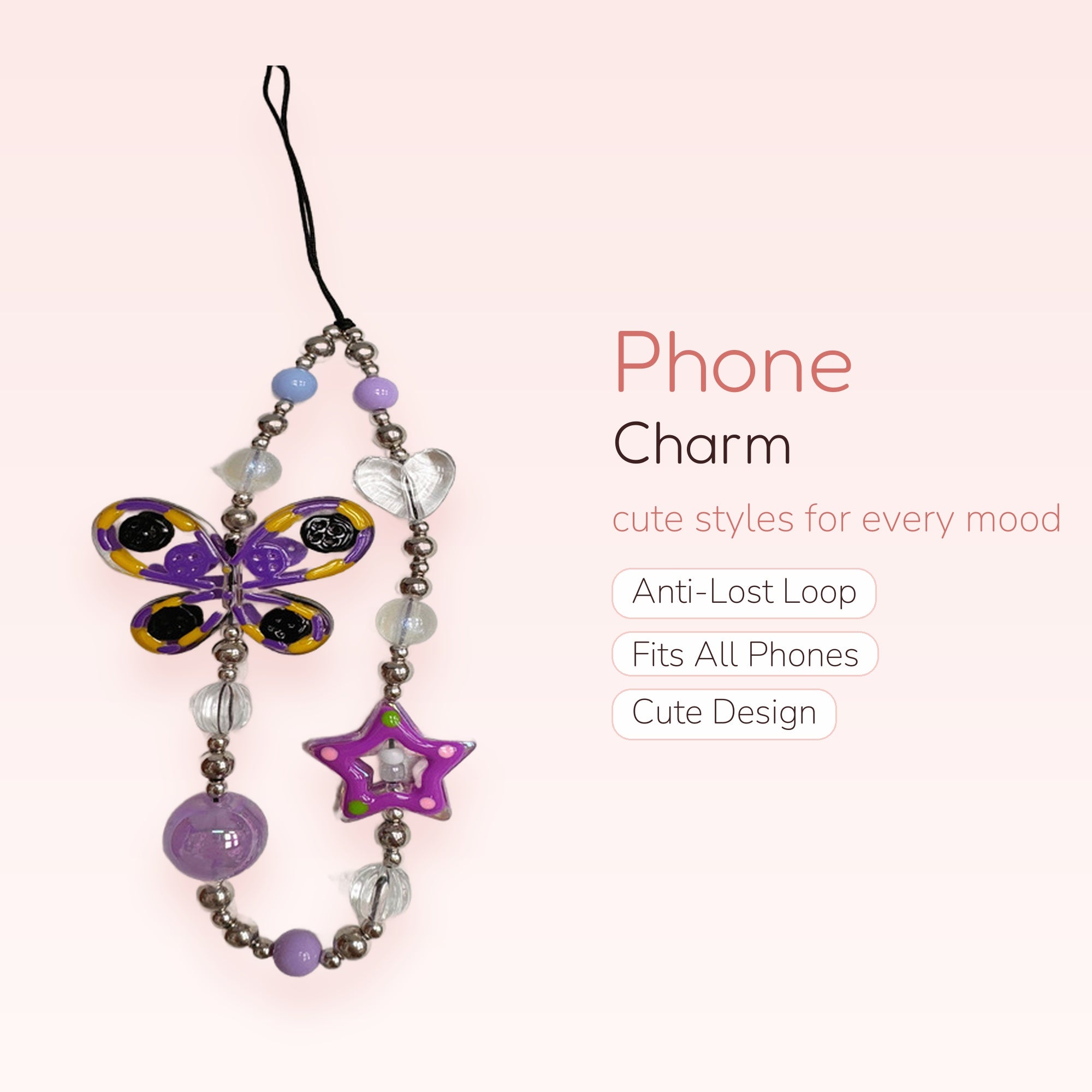 Kawaii Purple Butterfly & Star Phone Charm | Pastel Beaded Wrist Lanyard