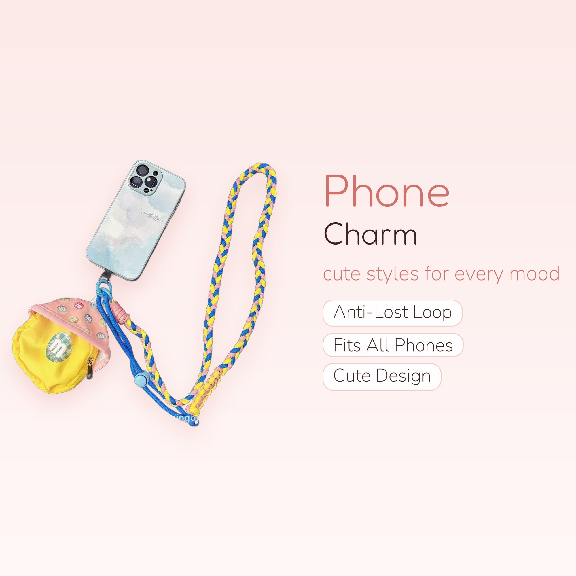 Braided Rainbow Phone Lanyard with M&M Pouch | Cute Crossbody Phone Strap