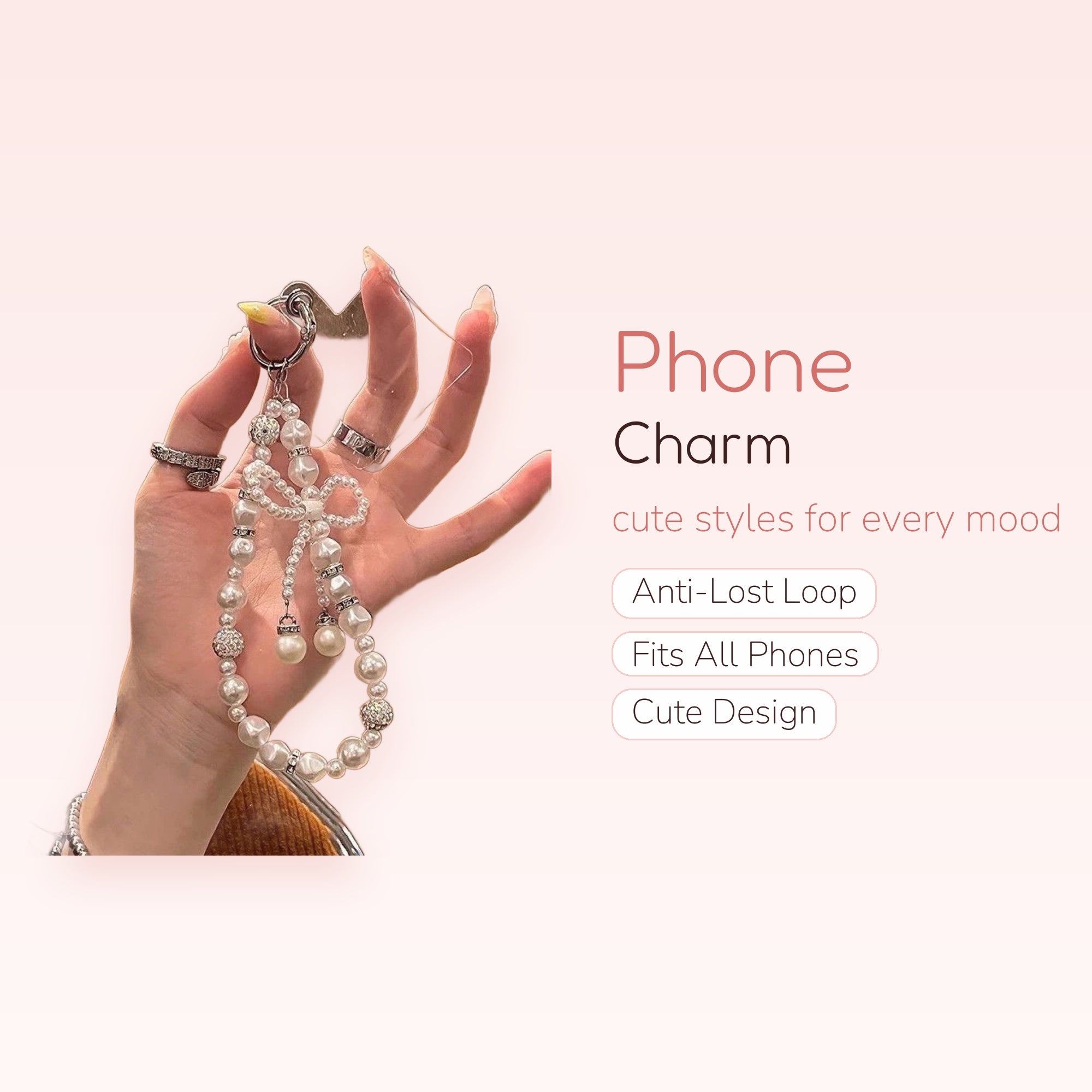 Cute Pearl & Rhinestone Bow Phone Charm | Aesthetic Beaded Wrist Strap