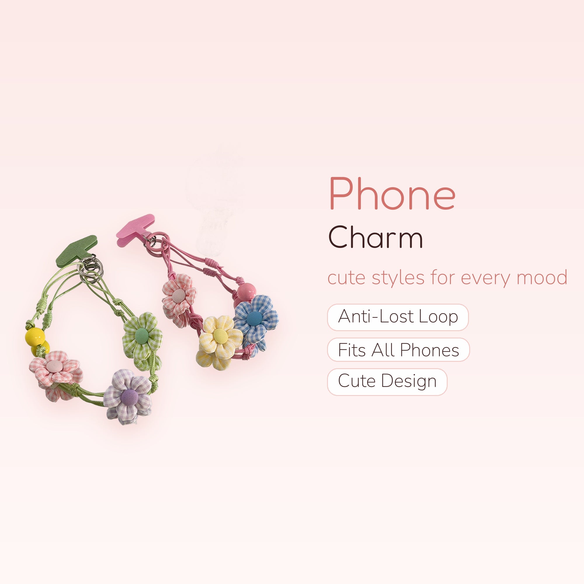 Kawaii Gingham Daisy Phone Charm Wristlet | Pastel Floral Phone Strap