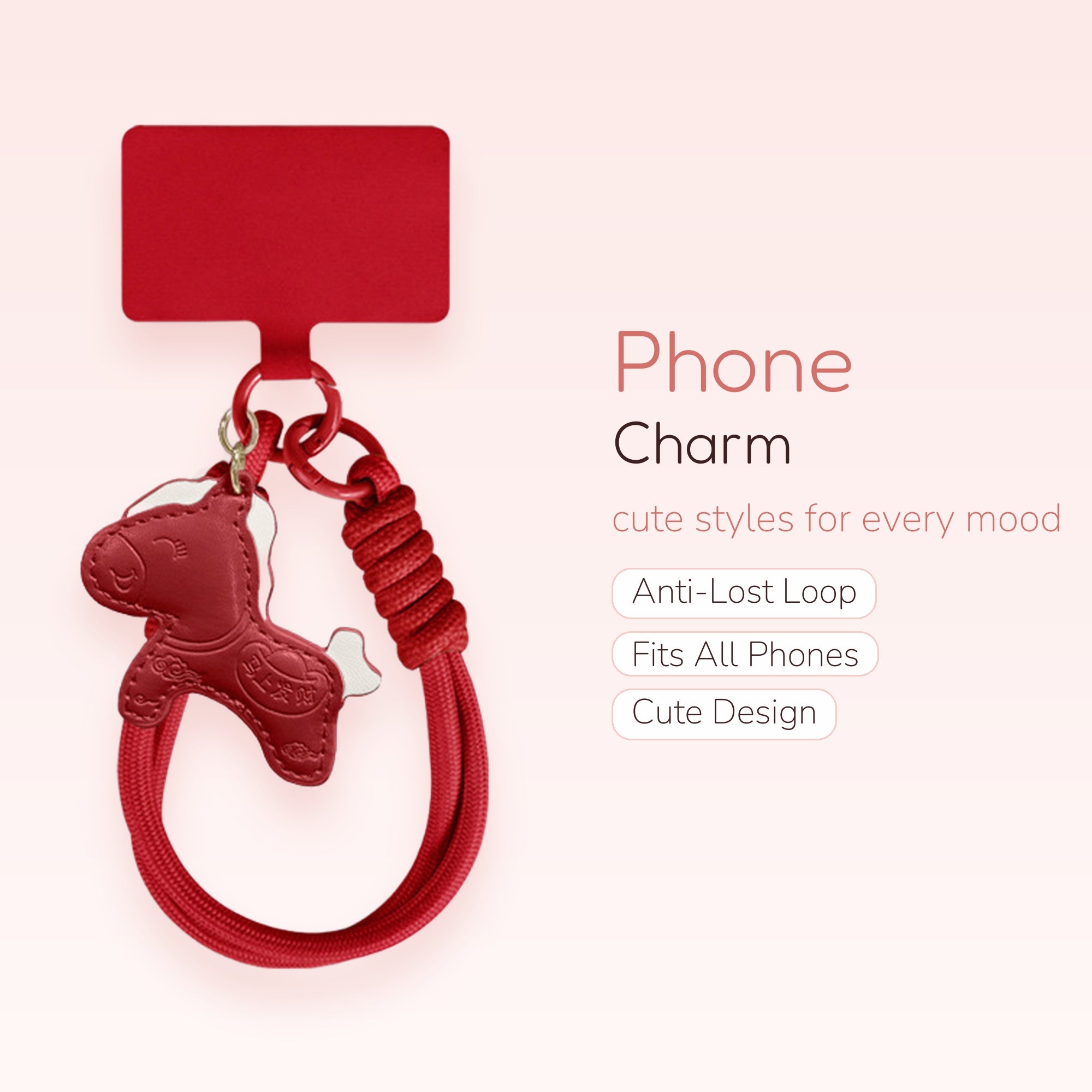 Red Braided Wrist Phone Charm with Horse Pendant | Lucky Short Lanyard