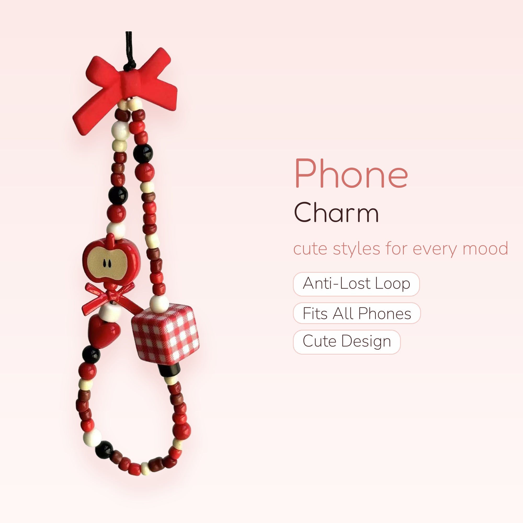 Cute Red Apple & Gingham Phone Charm | Beaded Wrist Strap with Bows