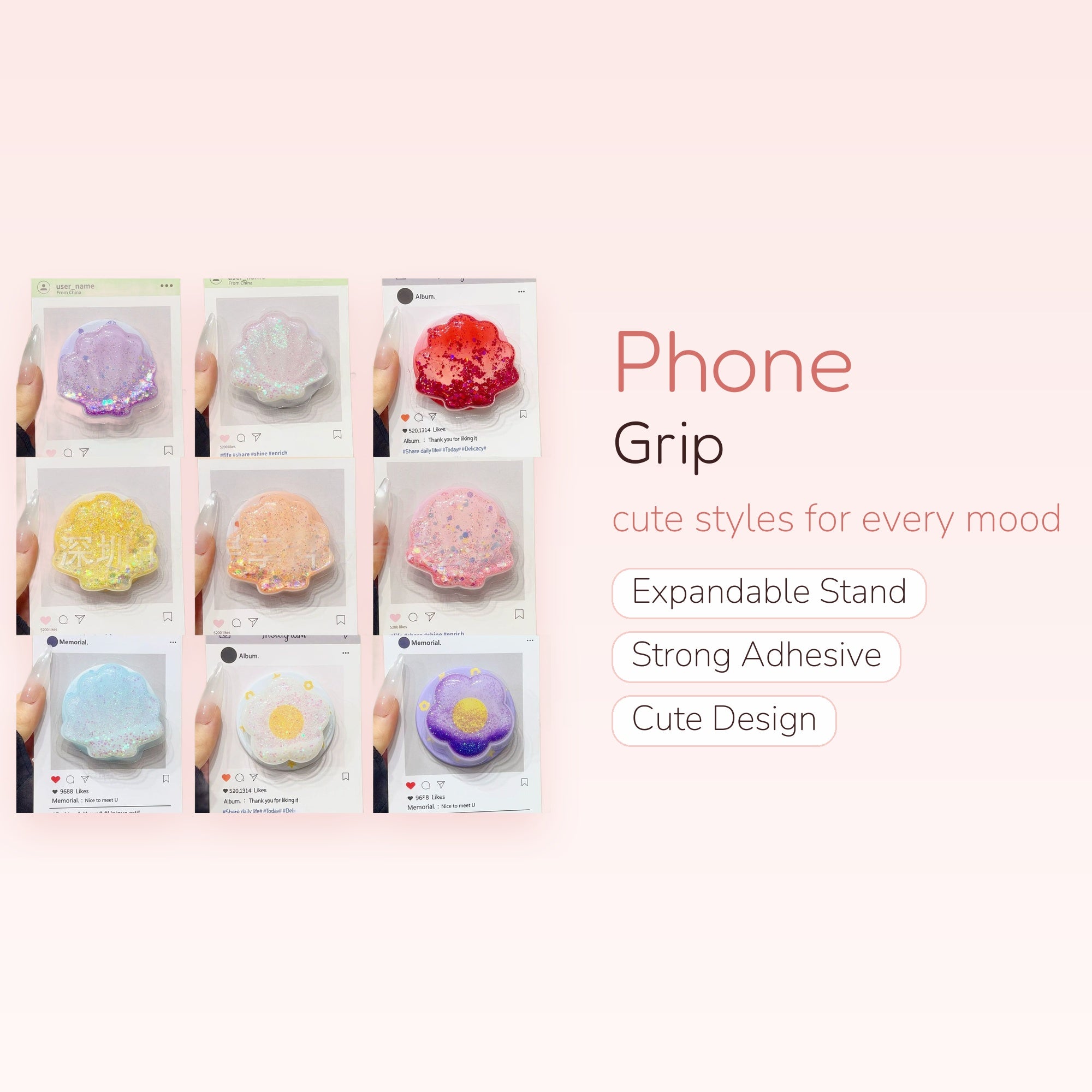 Sparkly Glitter Shell Phone Grip | Kawaii Pastel Pop Socket Stand