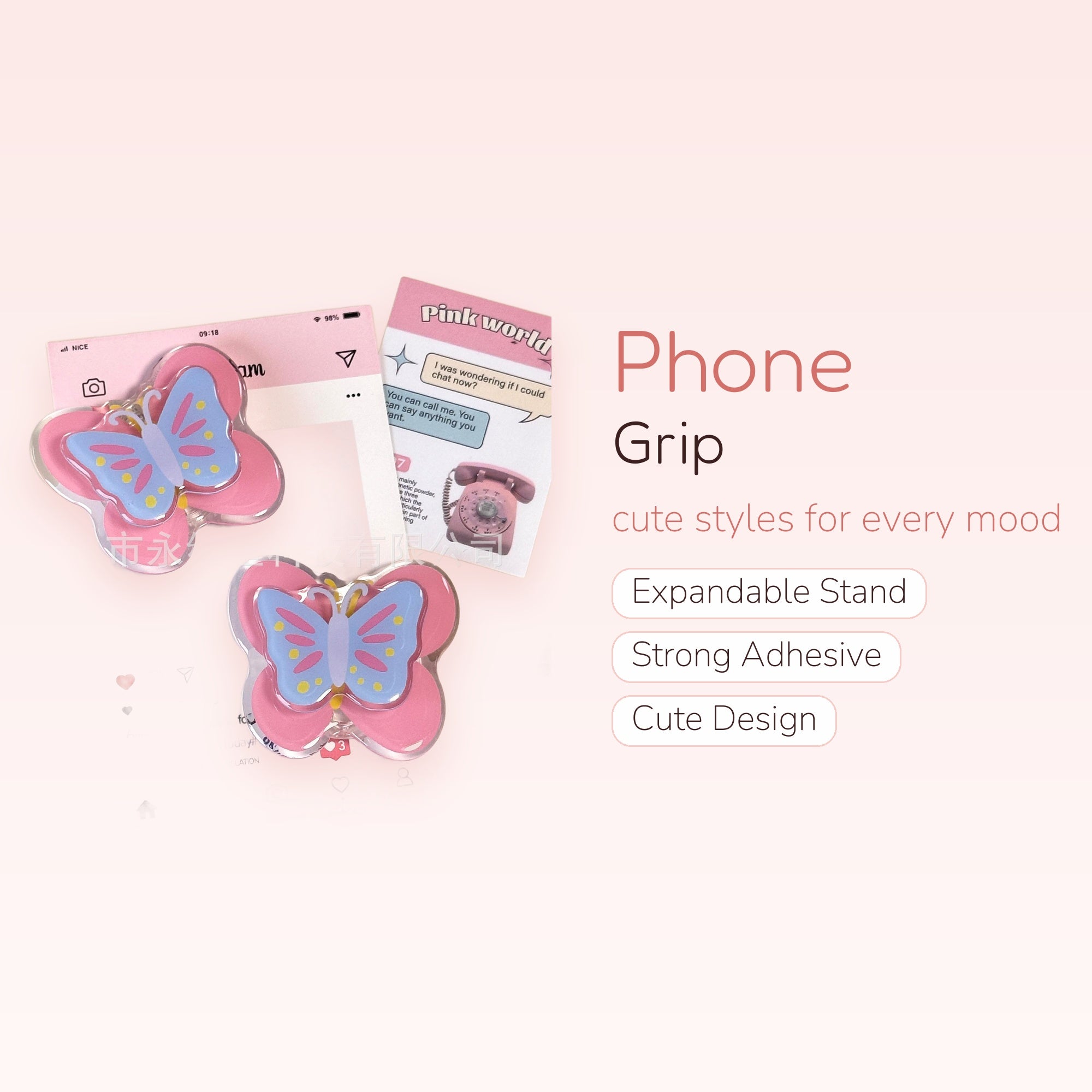 Pink & Blue Butterfly Phone Grip | Kawaii Aesthetic Pop Socket Stand