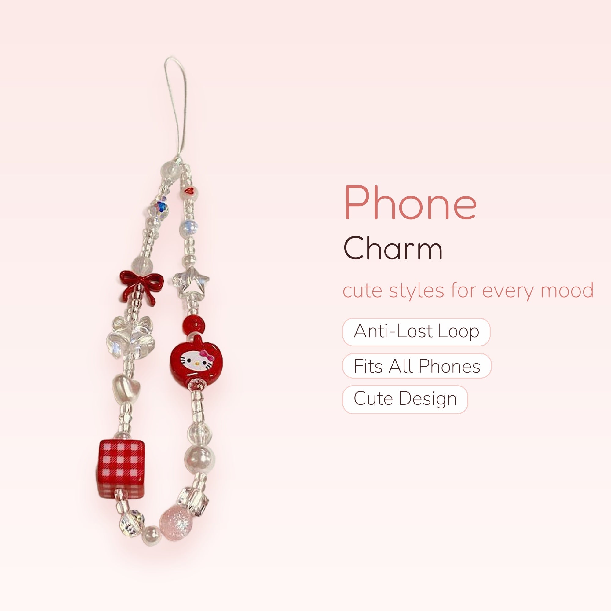 Kawaii Hello Kitty & Gingham Beaded Phone Charm | Red & White Aesthetic Wrist Strap