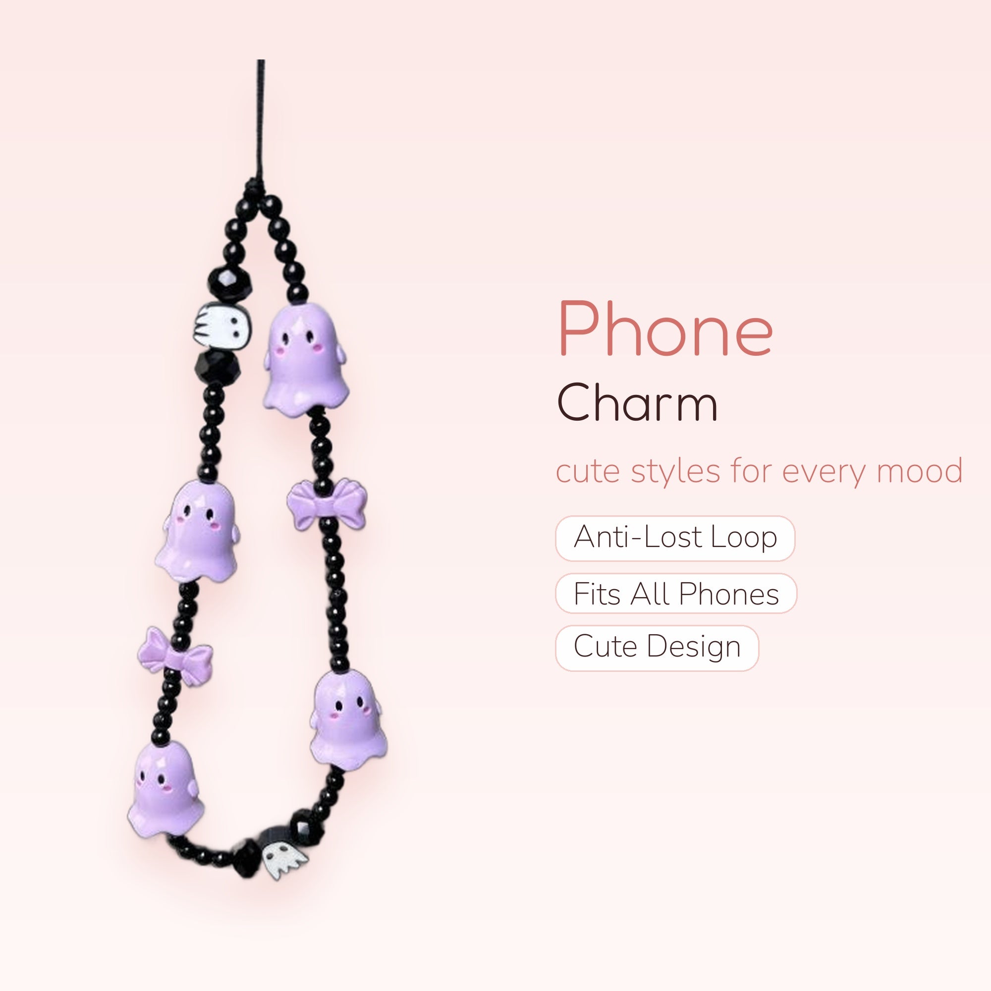 Kawaii Pastel Purple Ghost & Bow Phone Charm | Spooky Cute Beaded Wrist Strap