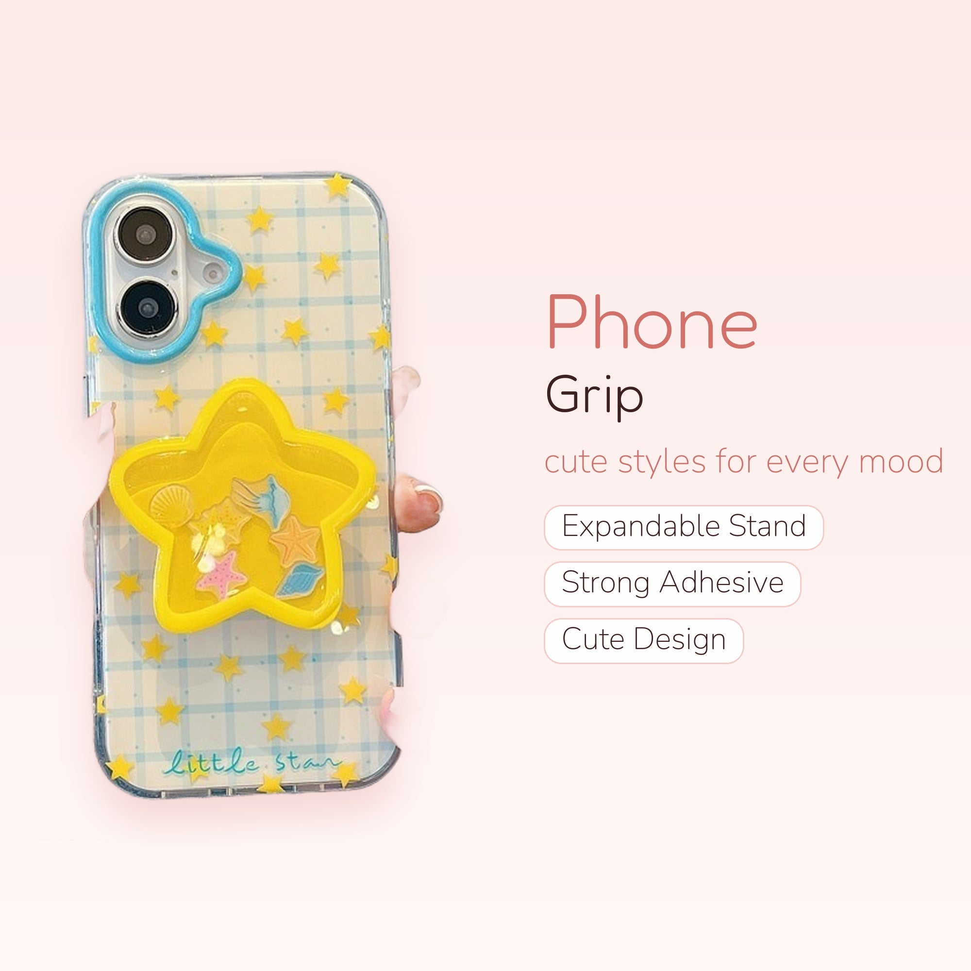 Cute Yellow Star Shaker Phone Grip | Kawaii Clear Plaid Pop Socket Stand