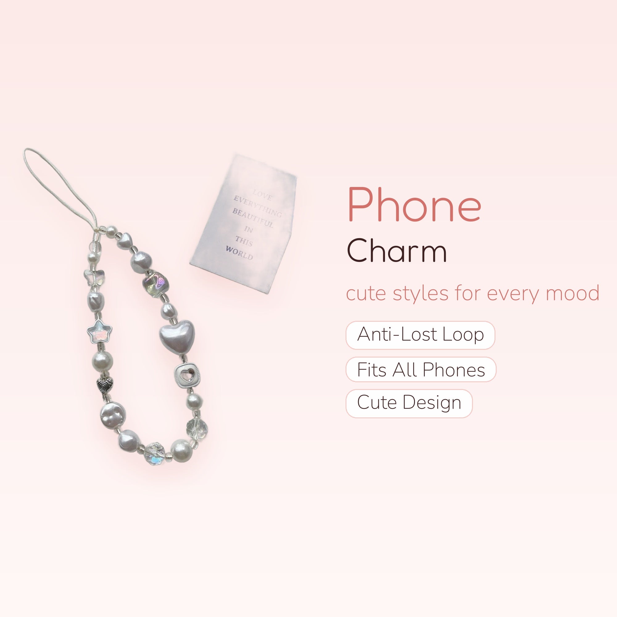 Kawaii Pearl & Clear Bead Phone Charm Strap | Aesthetic Heart Star Wrist Lanyard