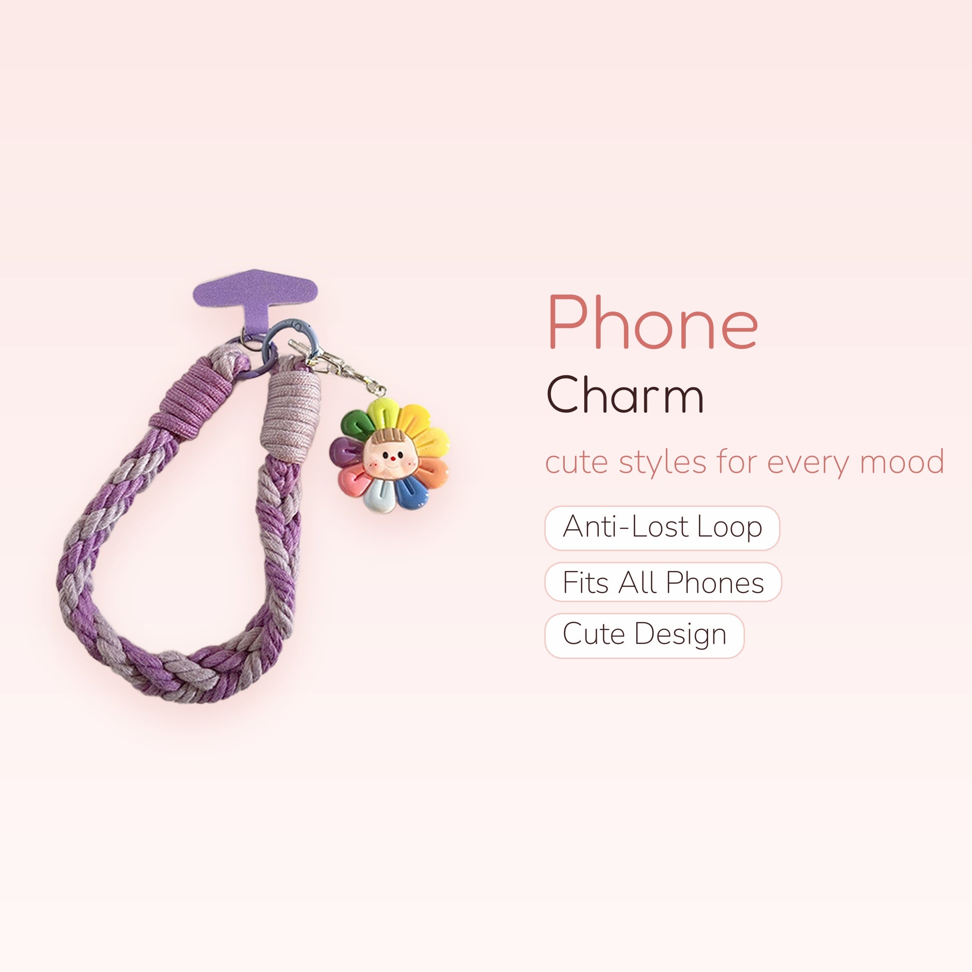 Cute Braided Purple Wrist Phone Charm | Kawaii Rainbow Sunflower Face Lanyard