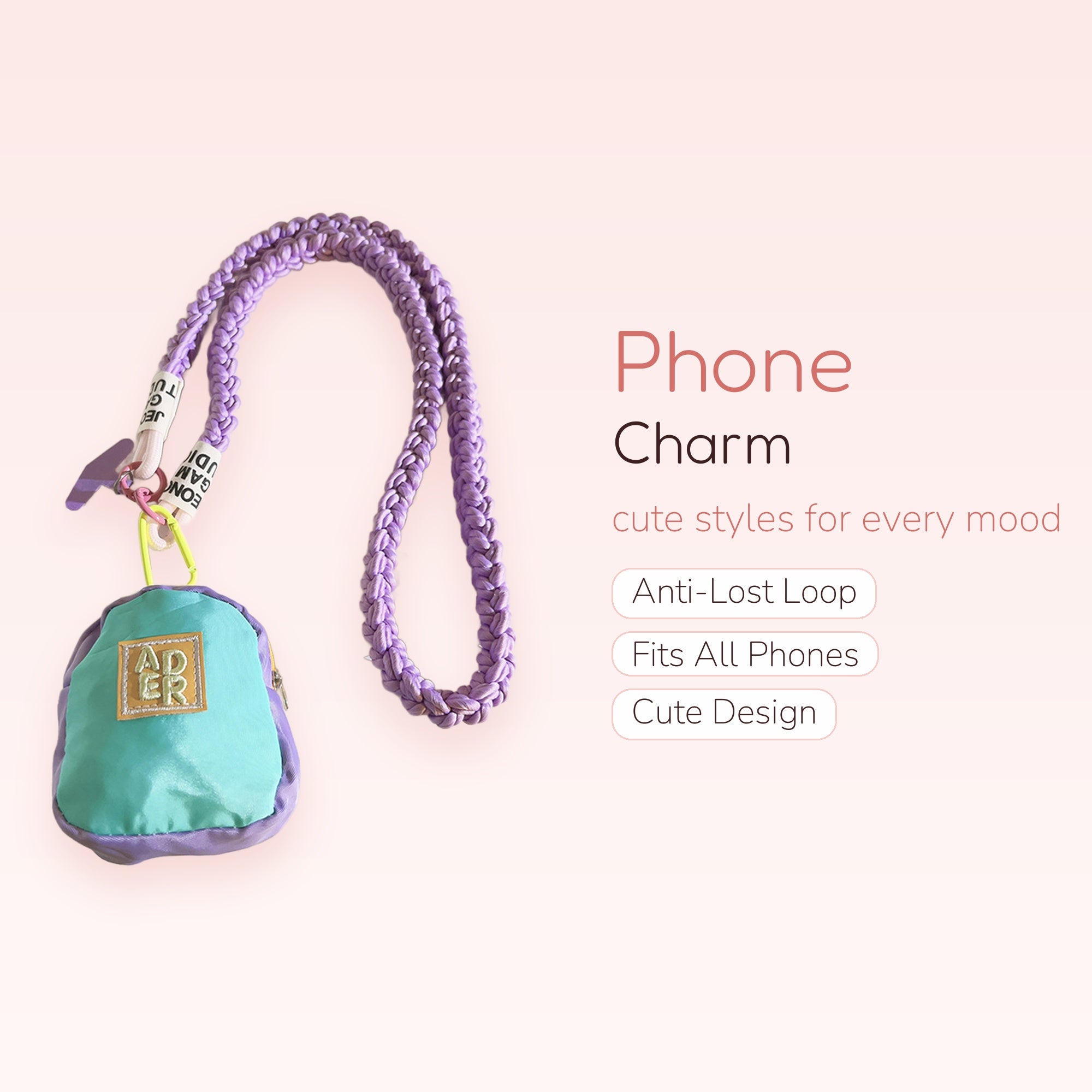 Kawaii Braided Purple Lanyard Phone Charm | Mini Backpack Pouch Strap