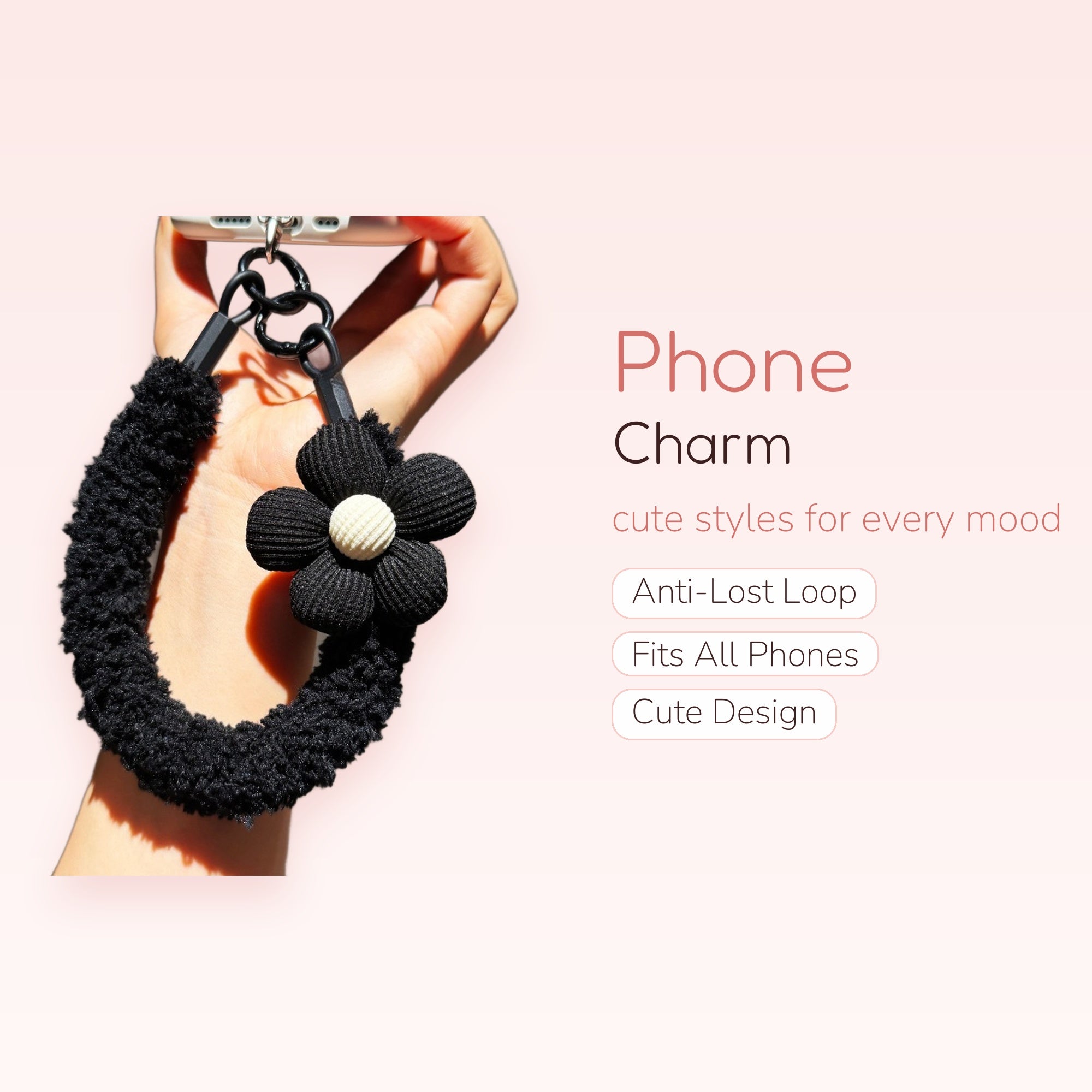 Chunky Black Fuzzy Phone Charm Strap with Black & White Flower | Aesthetic Wrist Lanyard