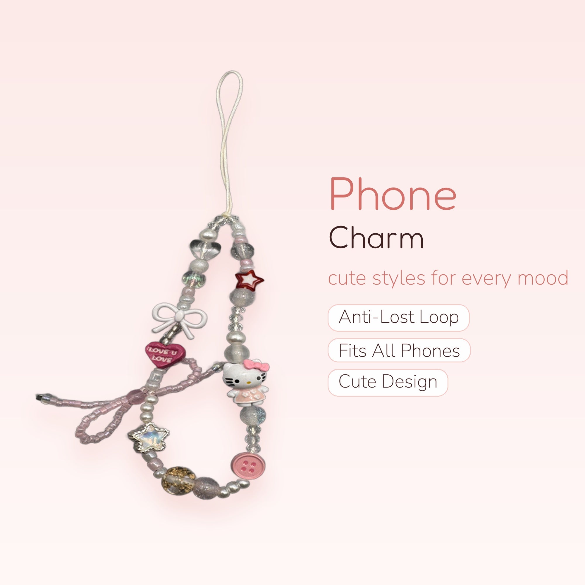 Kawaii Hello Kitty & Pearl Phone Charm | Pink Beaded Wrist Strap