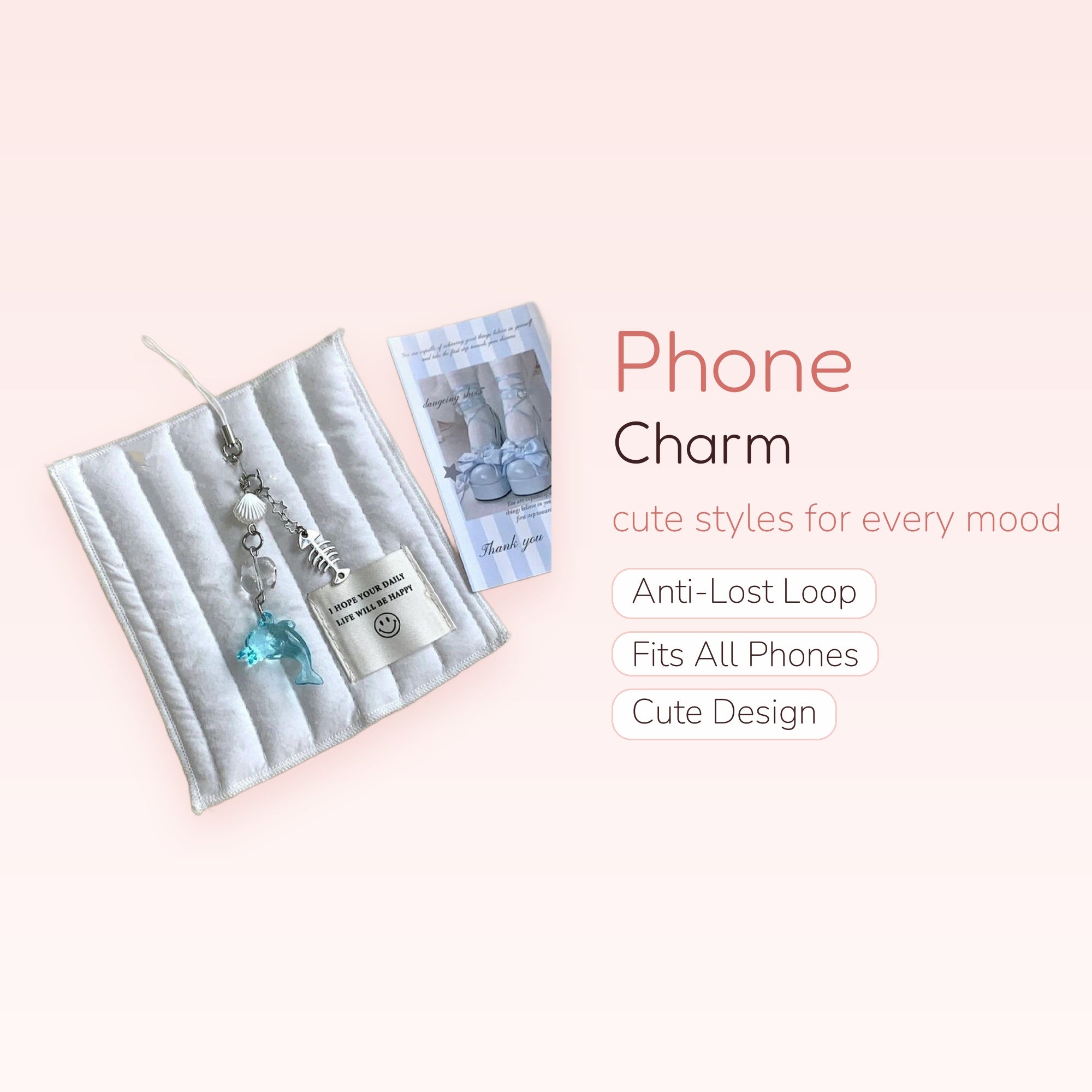 Cute Blue Dolphin & Seashell Phone Charm | Aesthetic Fishbone Beaded Strap