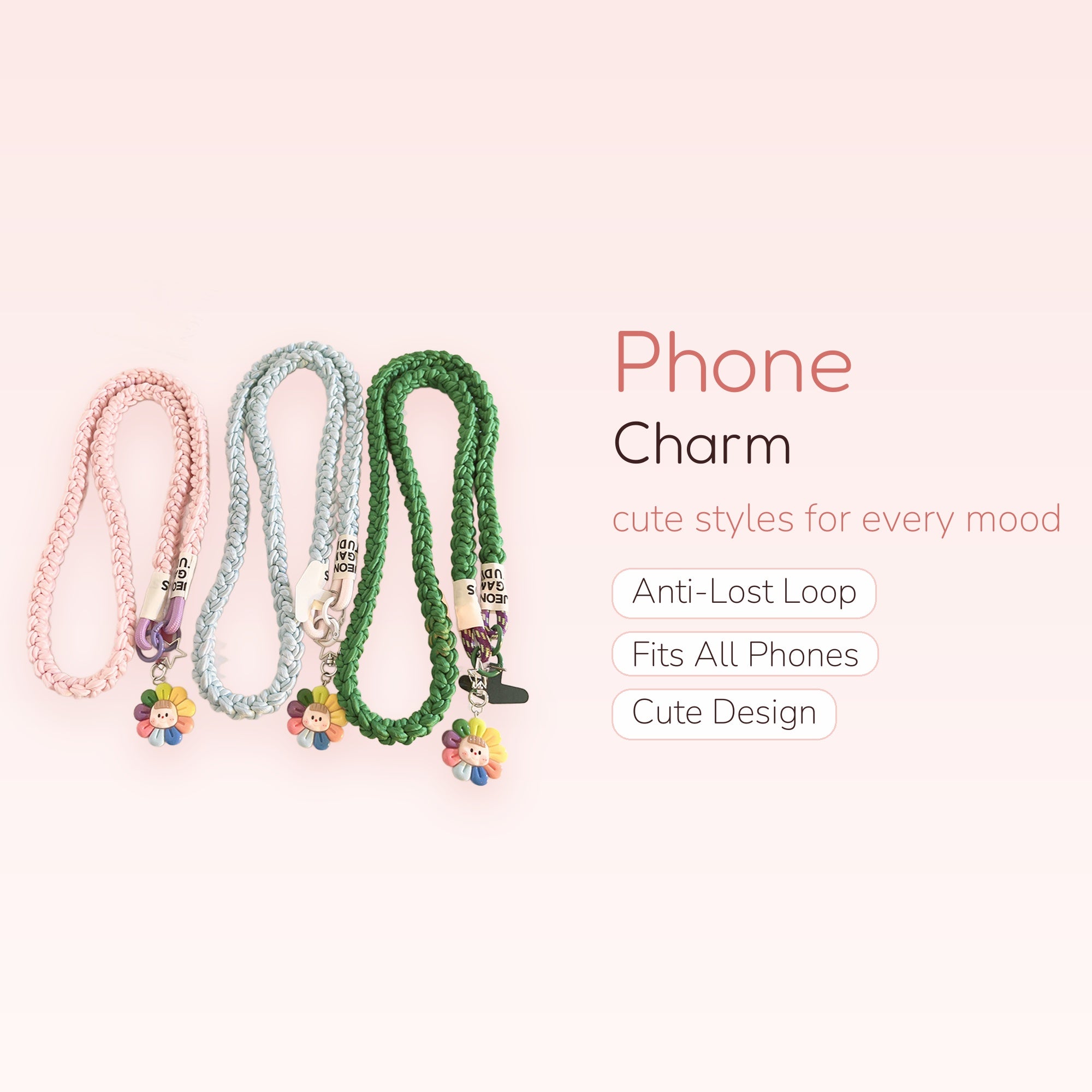 Braided Lanyard Phone Charm with Cute Flower Pendant | Pastel Braided Phone Strap