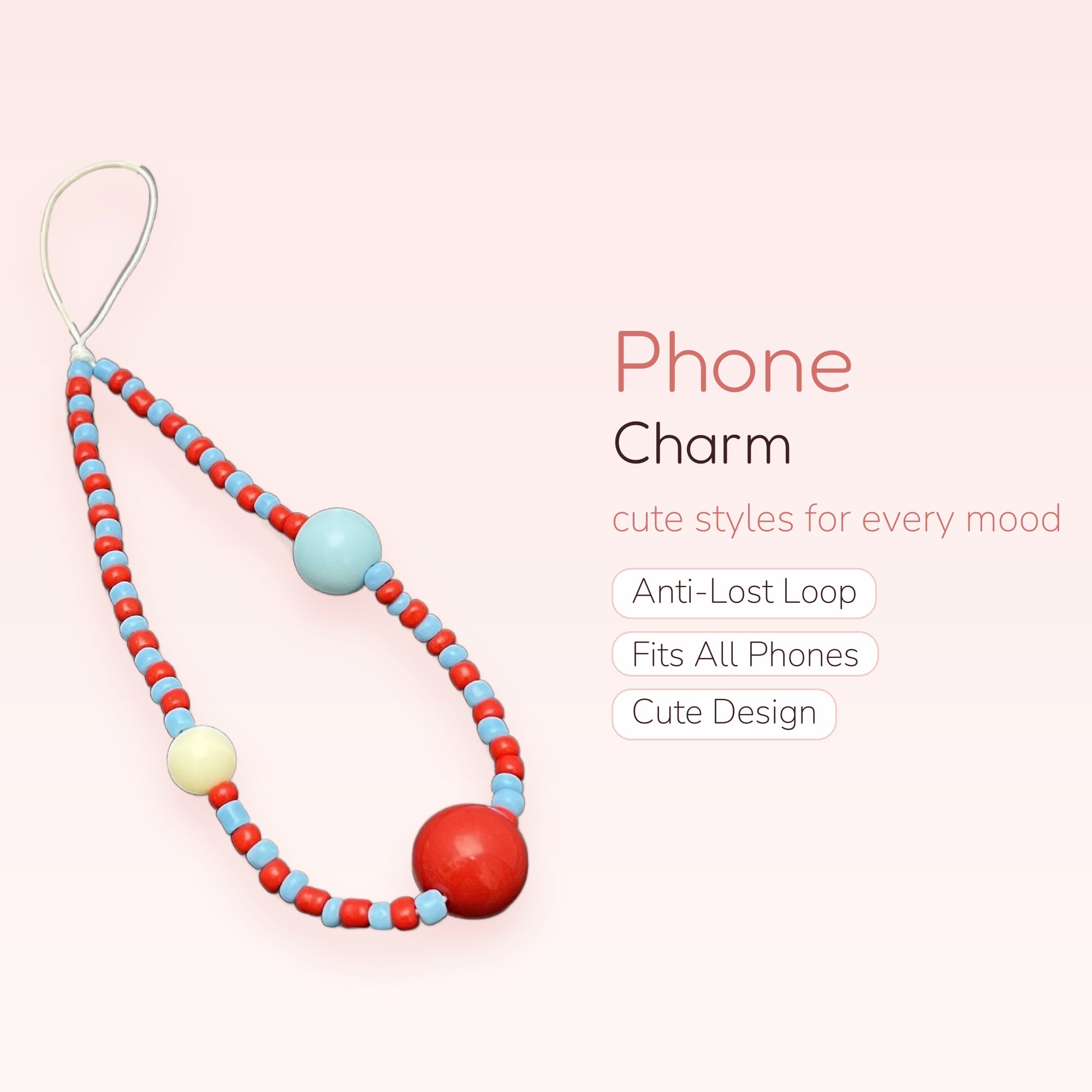 Y2K Red & Blue Beaded Phone Charm | Aesthetic Large Bead Phone Strap