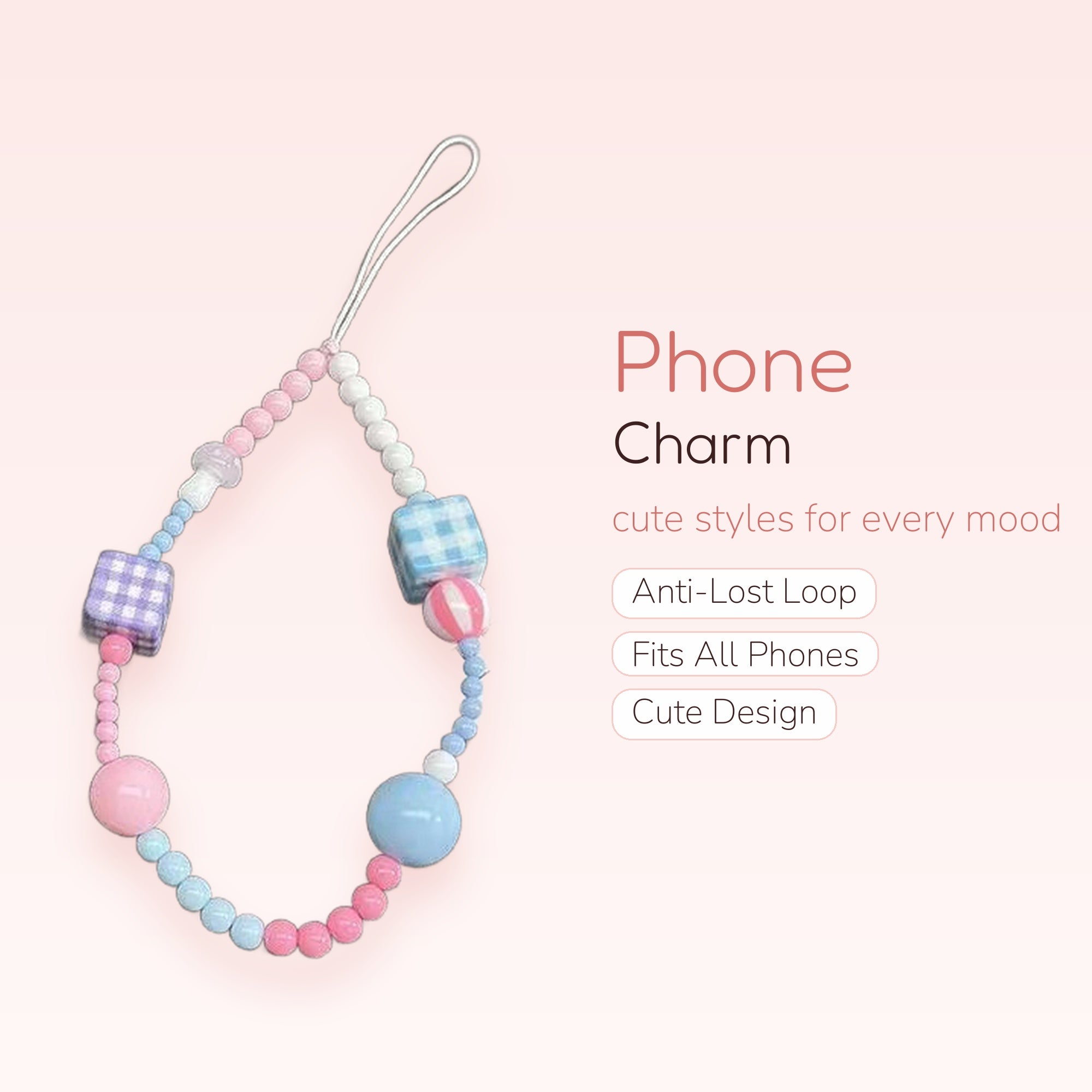 Pastel Beaded Phone Charm Strap | Cute Gingham Cube Wrist Lanyard
