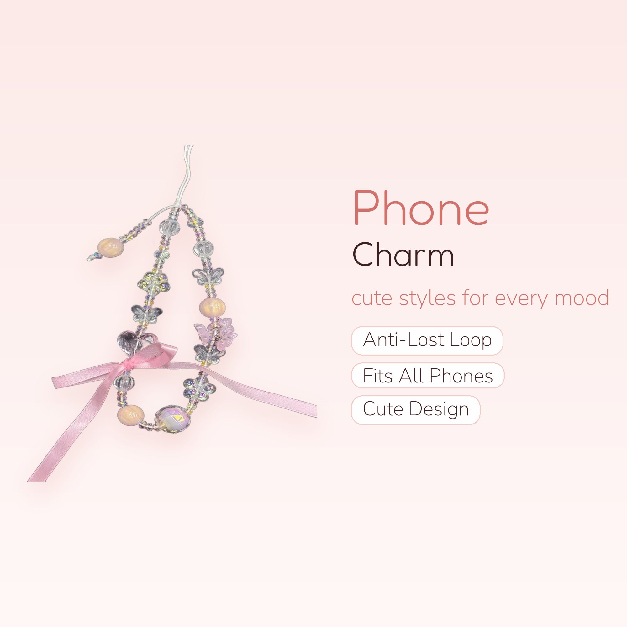 Kawaii Clear & Pink Beaded Phone Charm | Aesthetic Butterfly & Heart Wrist Strap