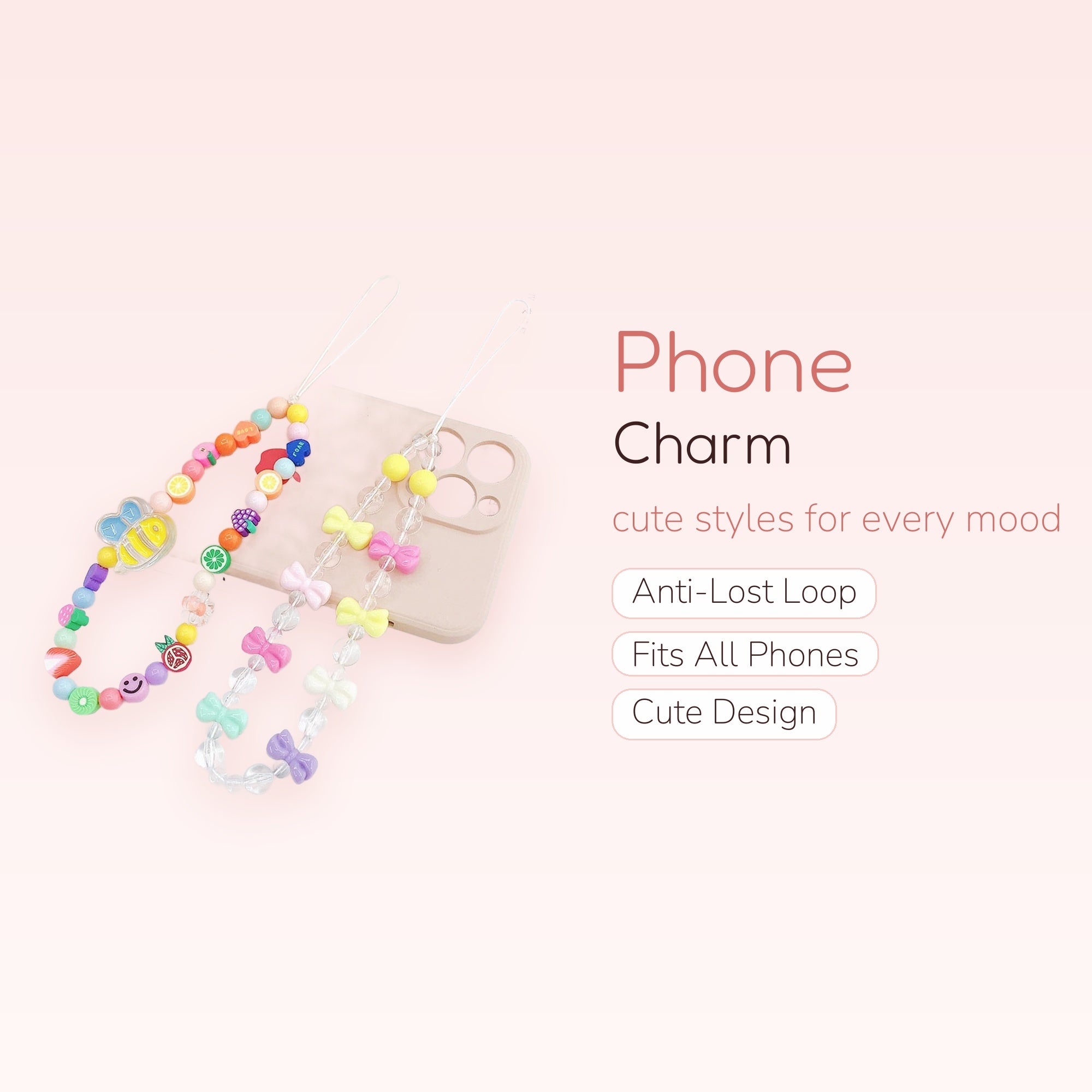 Kawaii Fruit & Bow Phone Charm Strap | Pastel Beaded Wrist Lanyard