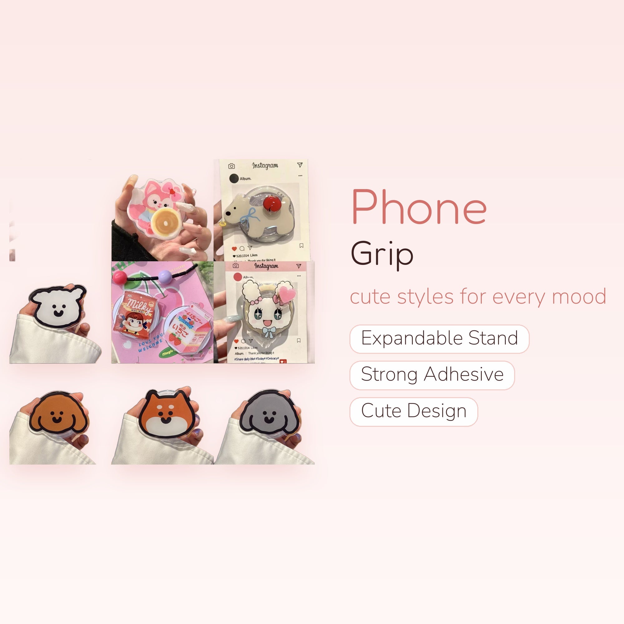 Kawaii Acrylic Animal Phone Grip | Cute Cartoon Pop Socket Stand