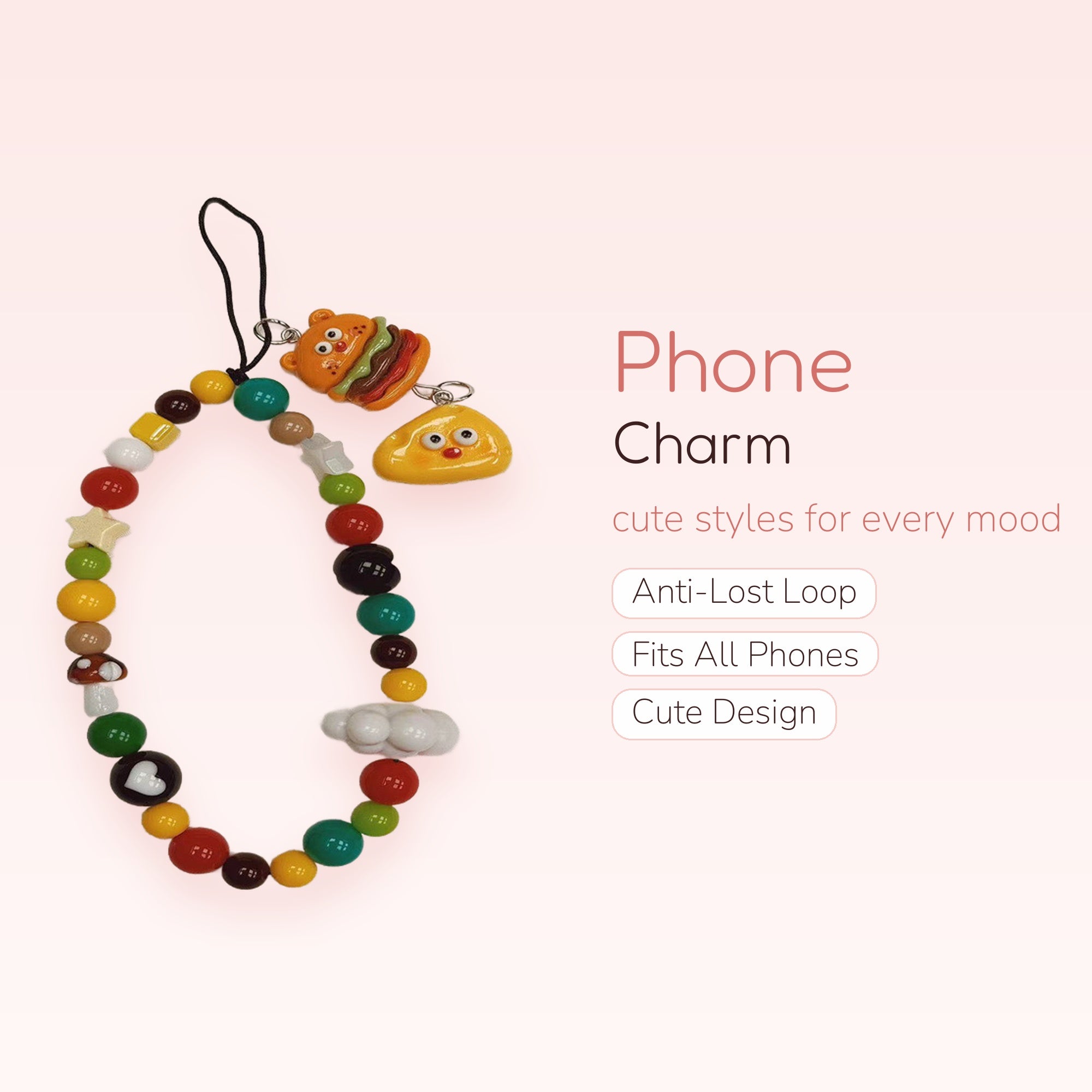 Cute Beaded Phone Charm Strap | Kawaii Mushroom Cloud Star Heart Burger Blob Wrist Lanyard