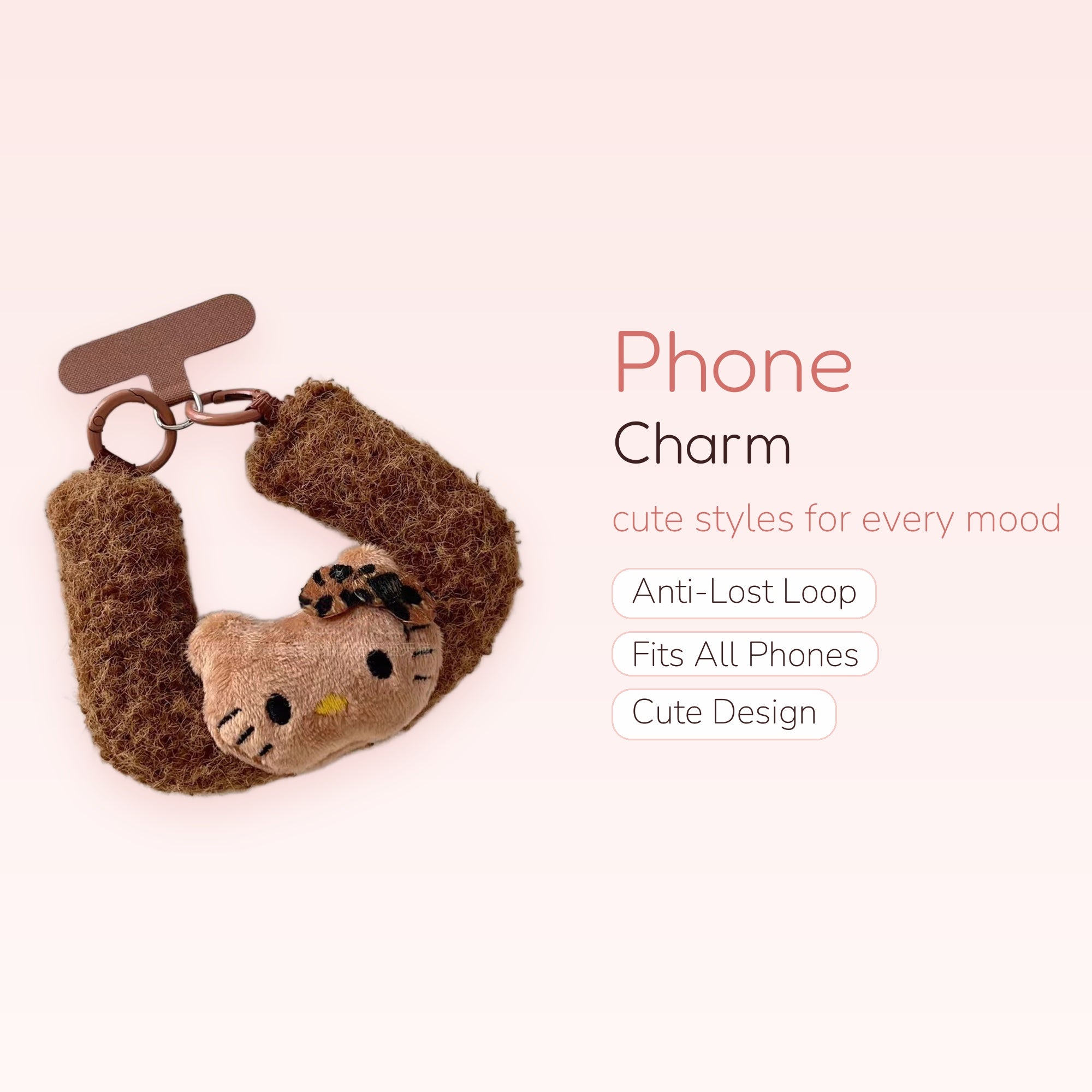 Fluffy Brown Hello Kitty Phone Charm | Kawaii Plush Wrist Strap Lanyard