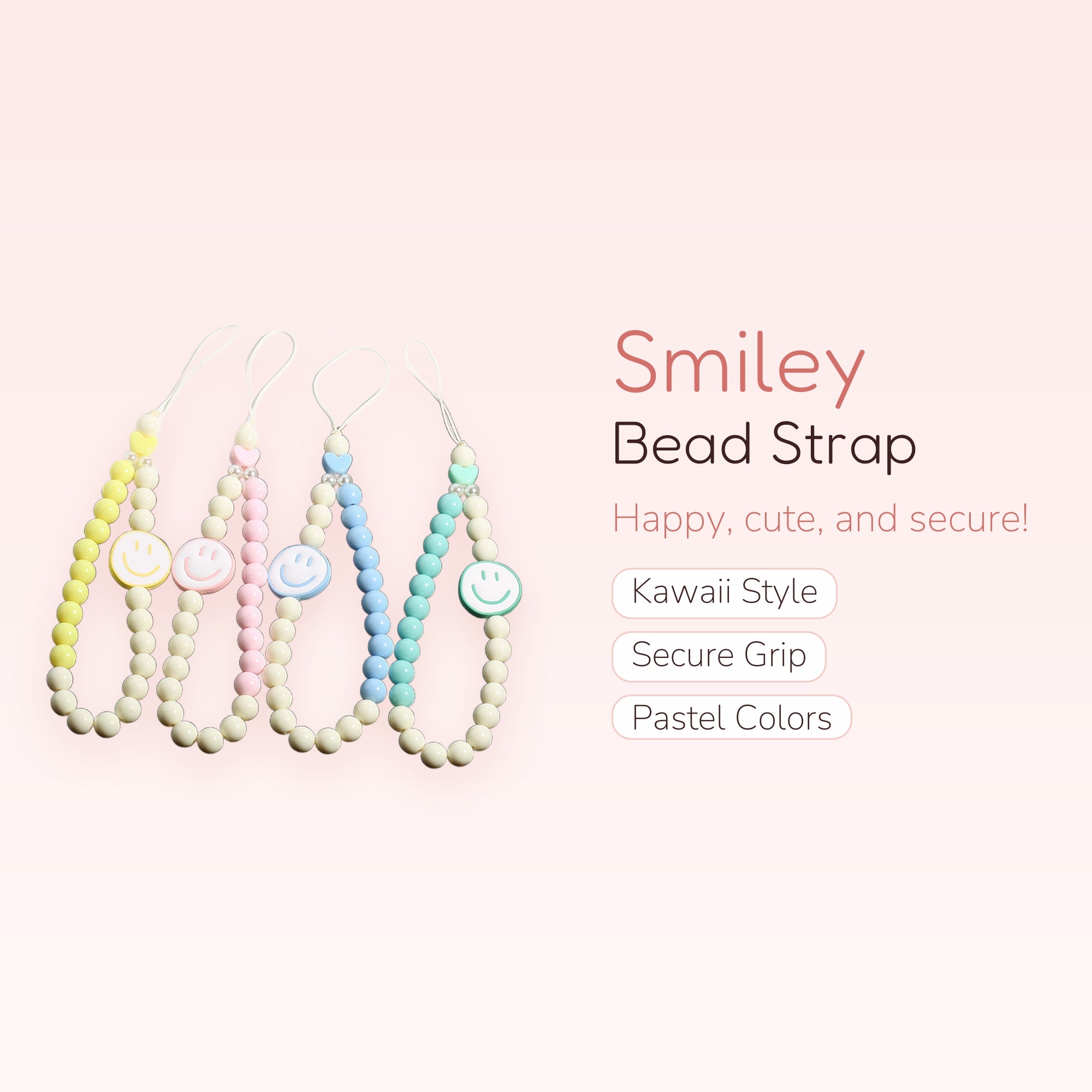 Kawaii Smiley Face Beaded Phone Charm Strap | Pastel Wrist Lanyard