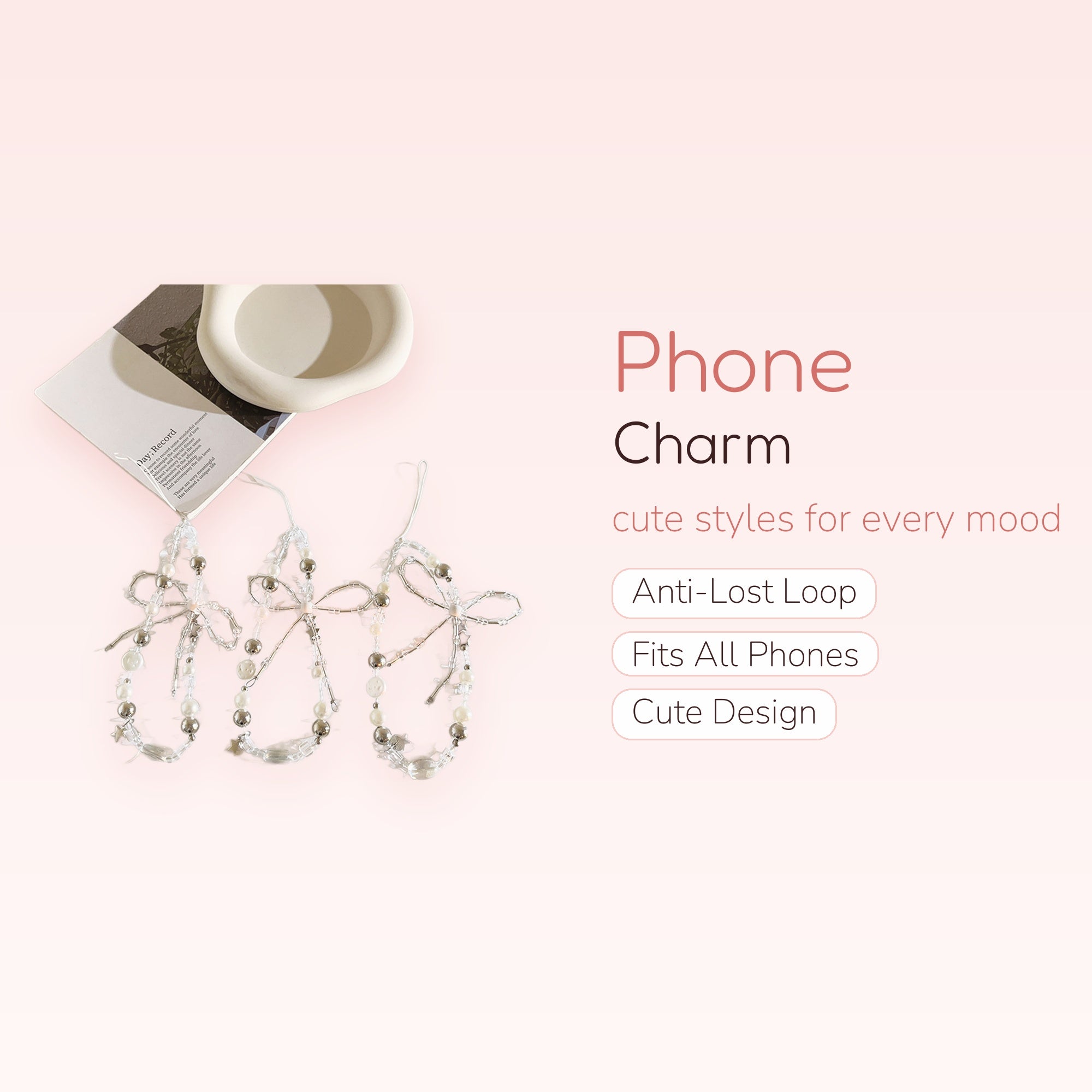 Clear Beaded Pearl & Silver Star Phone Charm | Aesthetic Wrist Lanyard