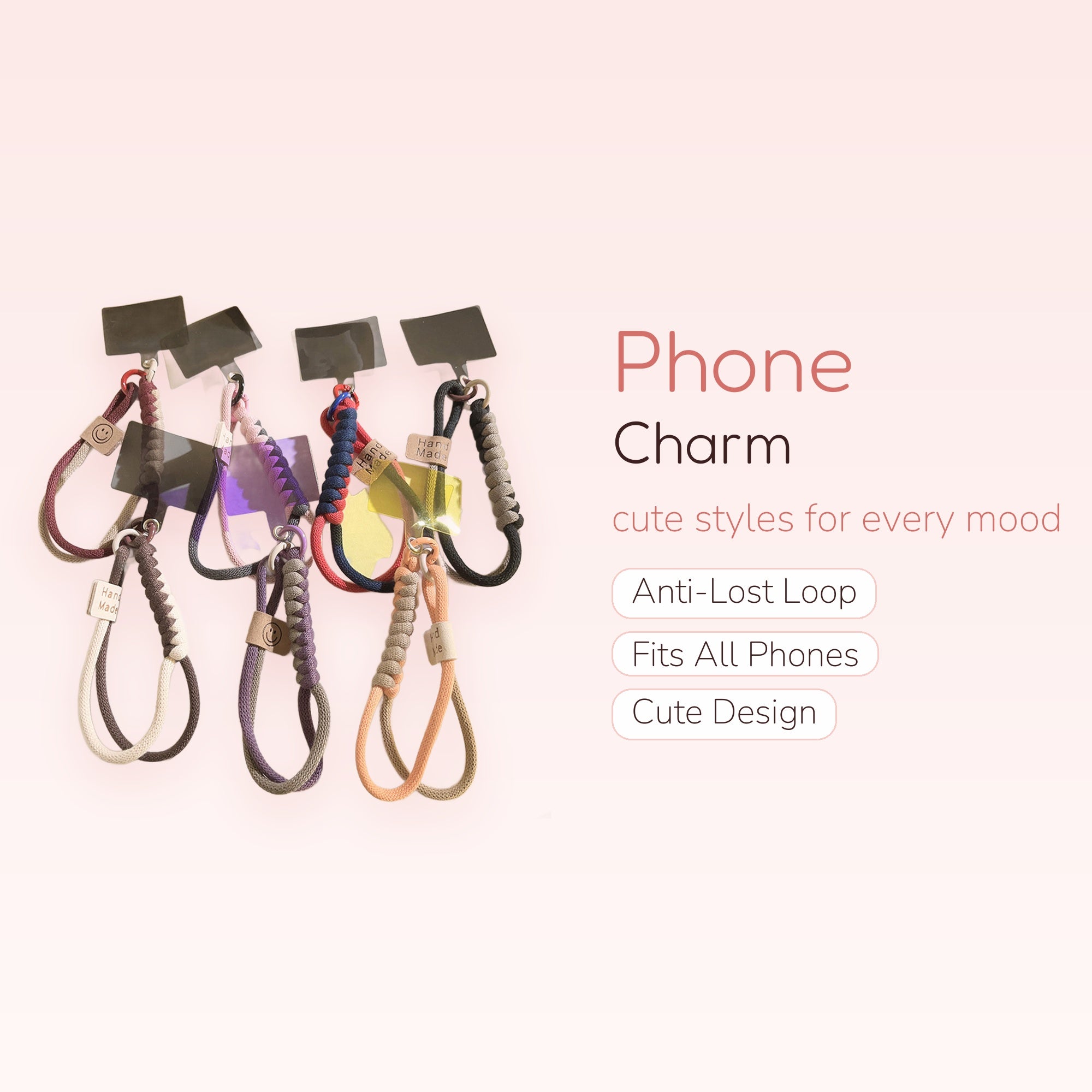 Aesthetic Braided Wrist Phone Charm Strap | Handmade Colorful Lanyard with Smiley Face Tag